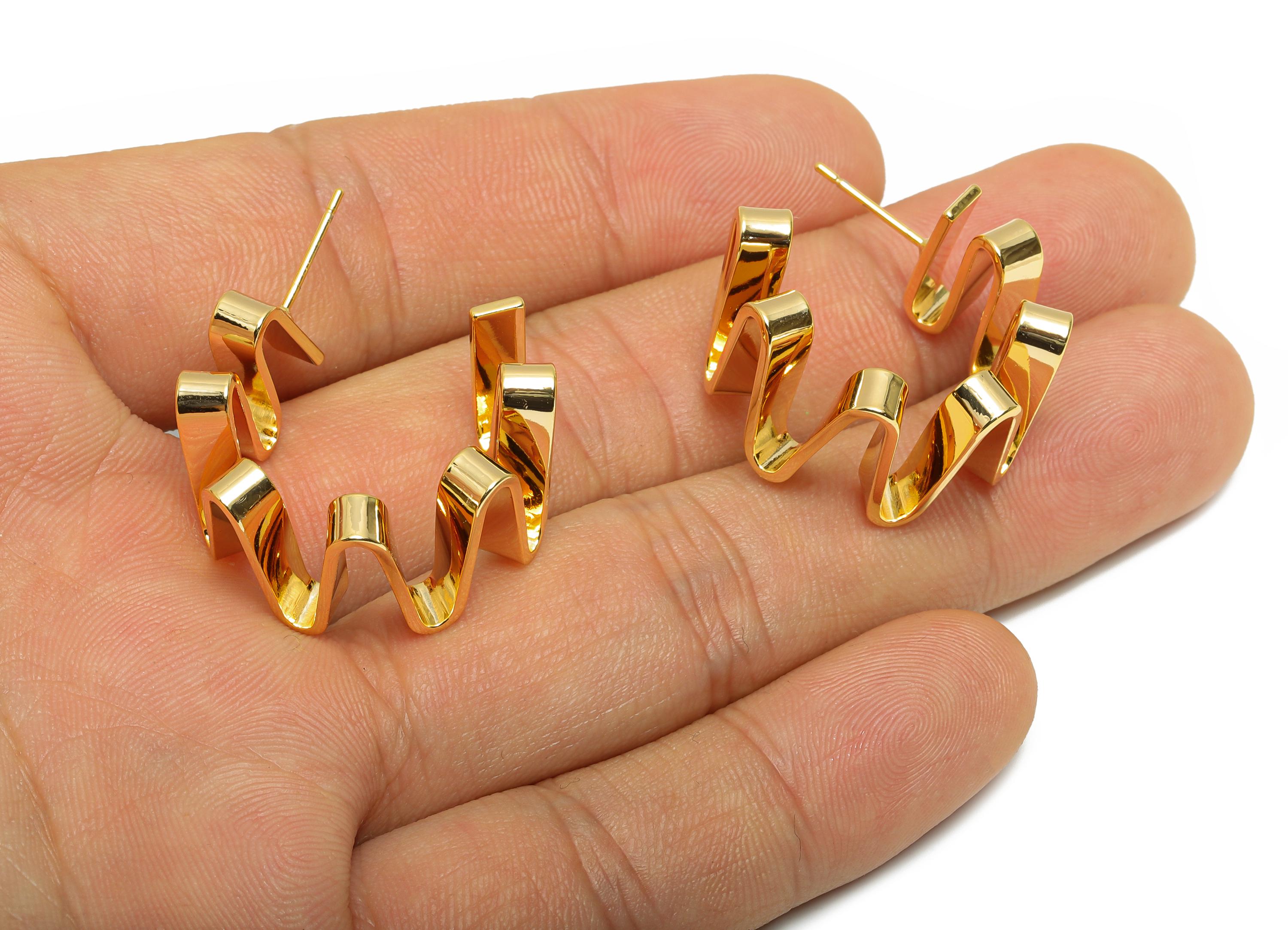 Brass Hoop Earring Post - Wavy Modern Gold Ripple Hoop Earring - Curvy Abstract Hoop Earring - 18K Real Gold Plating - 16x14x1mm - RGP10798 - DOMEDBAZAAR