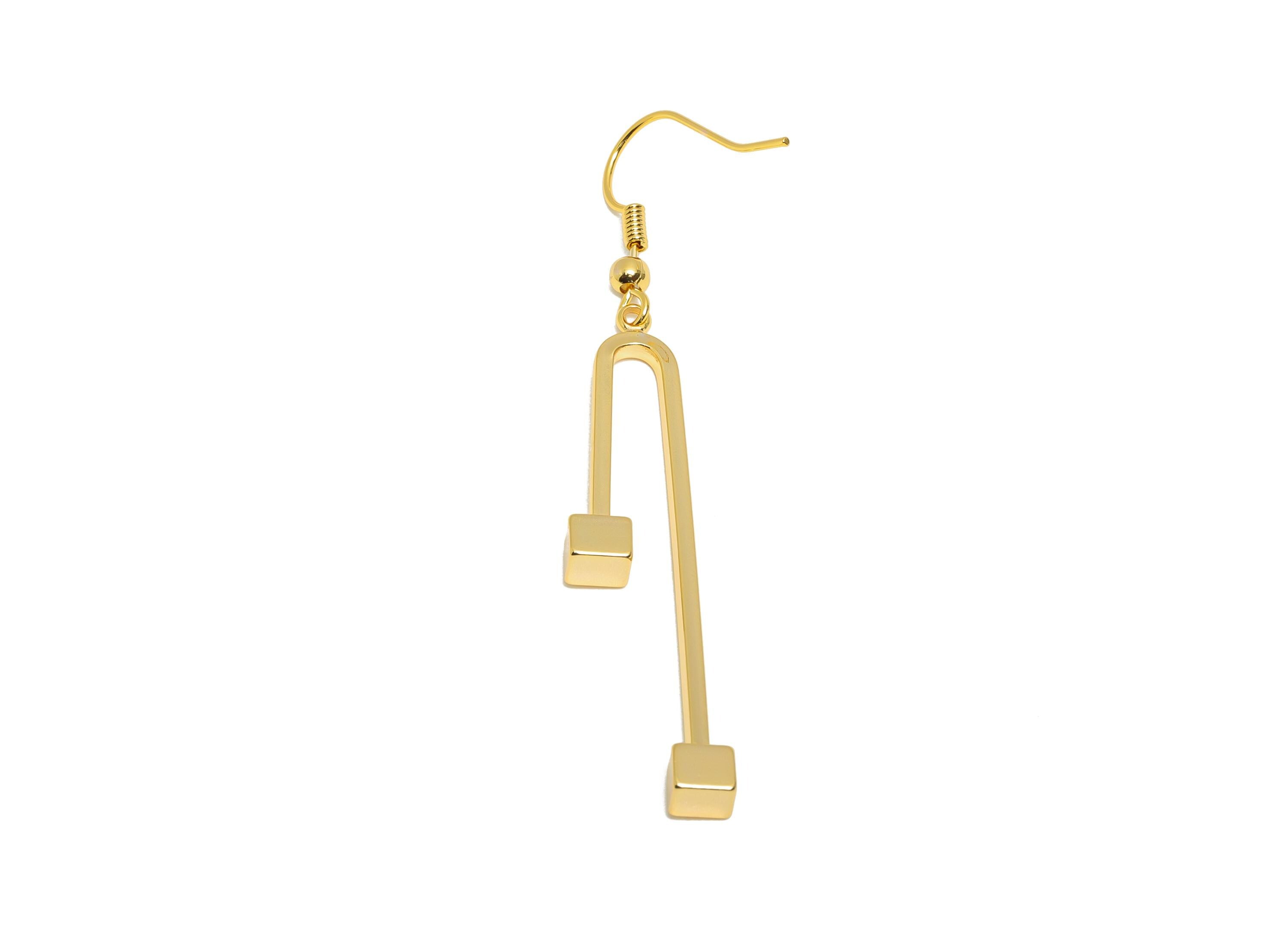 Brass Geometry Earring Hook - Brass Geometric Drop Earring Hook - Gold Bar Cube Earring Hook - 18K Real Gold Plating - 41x31x2mm - RGP10799 - DOMEDBAZAAR