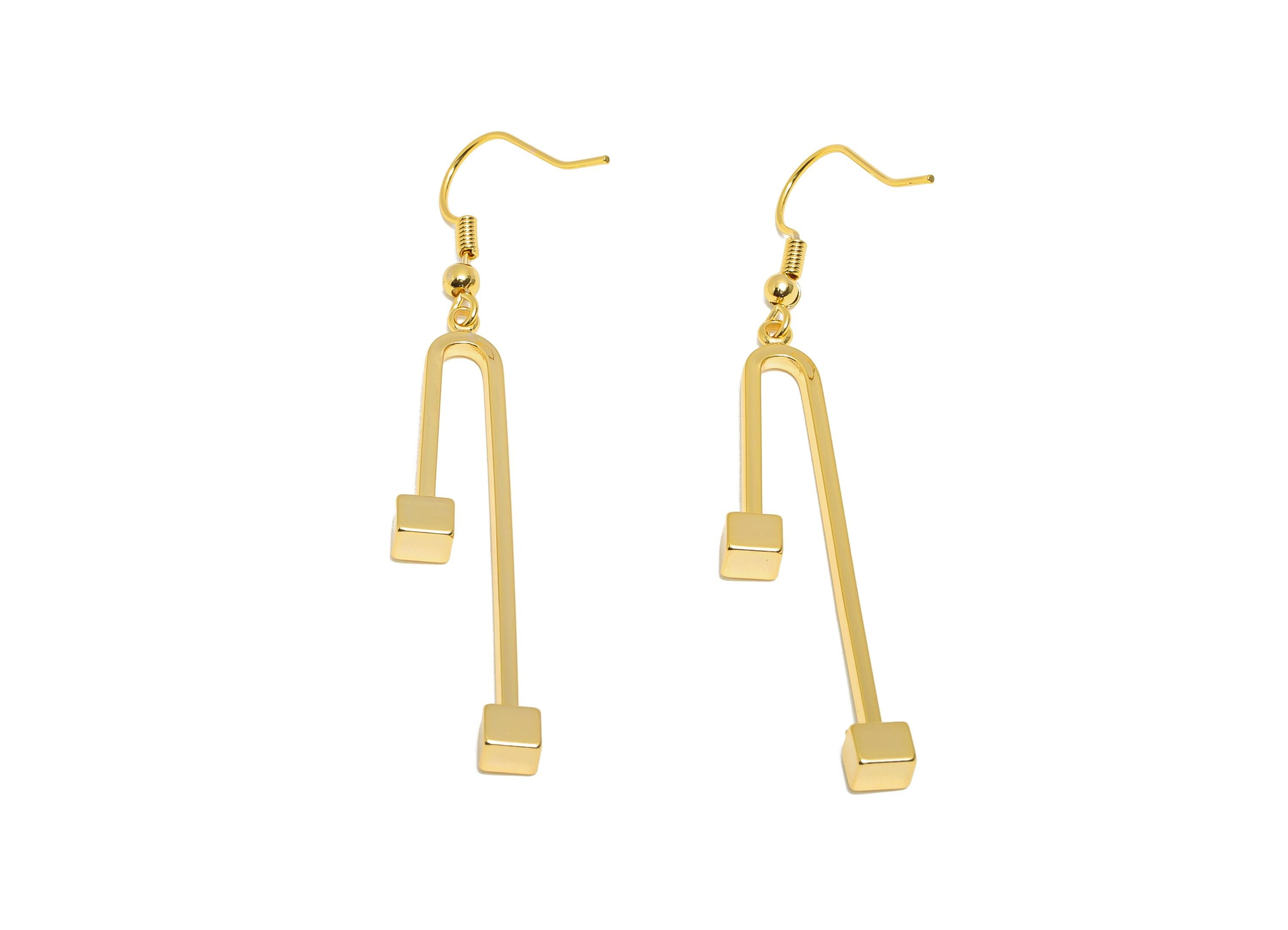 Brass Geometry Earring Hook - Brass Geometric Drop Earring Hook - Gold Bar Cube Earring Hook - 18K Real Gold Plating - 41x31x2mm - RGP10799 - DOMEDBAZAAR
