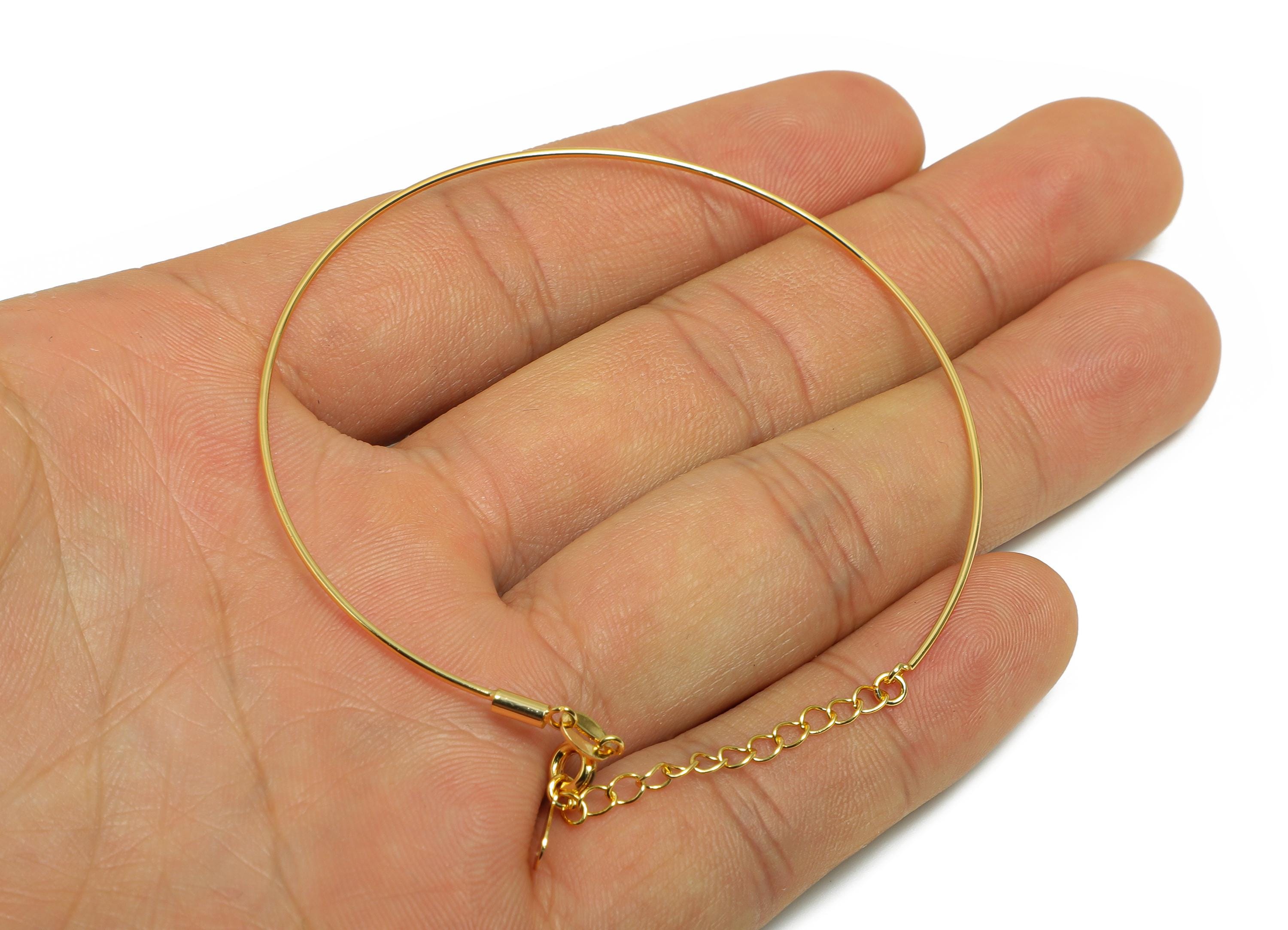 Brass Customizable Bracelet Base - Brass DIY Bead Bracelet - Thin Wire Bracelet with Clasp - 18K Real Gold Plating - 63x59x0.8mm - RGP10906