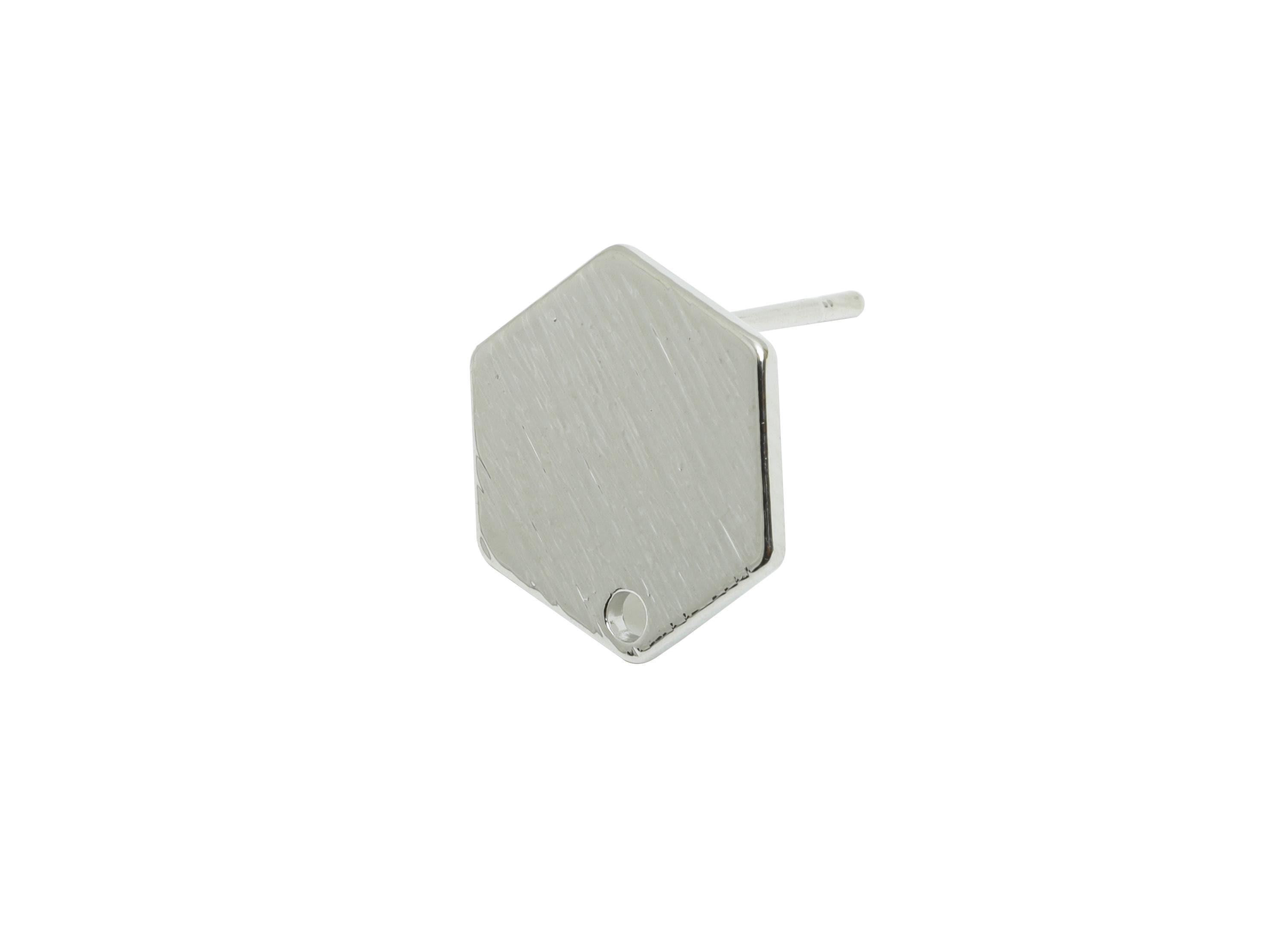 Brass Textured Hexagon Earring Post - Brass Geometry Stud Earring - Base Earring With Hole - 18K Real White Gold Plated - 11x11x1mm-RGP10018 - DOMEDBAZAAR