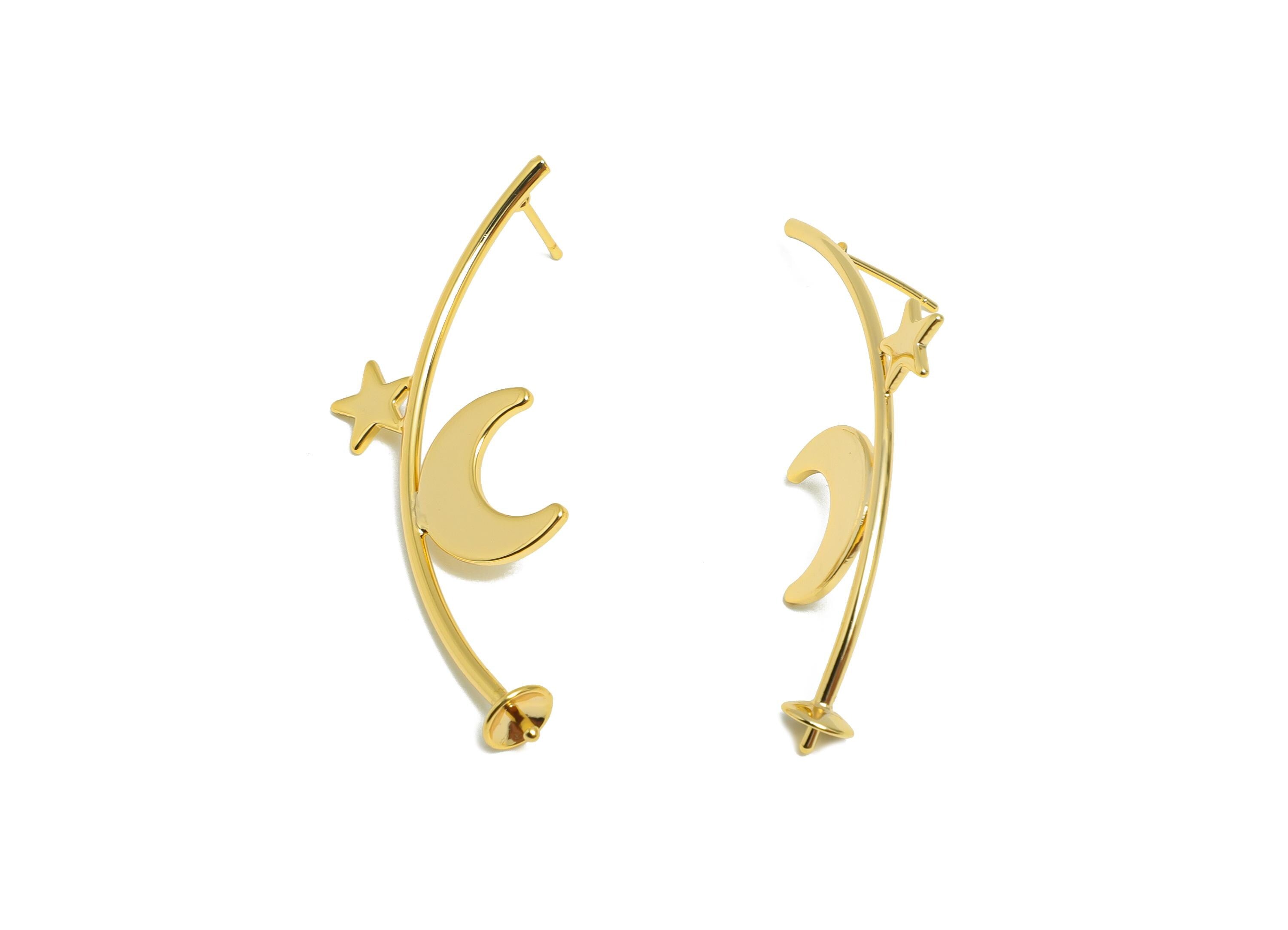 Brass Moon Star Earring Post - Brass Lunar Earring For Women - Fashion Dangle Earring For Pearl - 18K Real Gold Plated - 51x23x1mm -RGP10438 - DOMEDBAZAAR