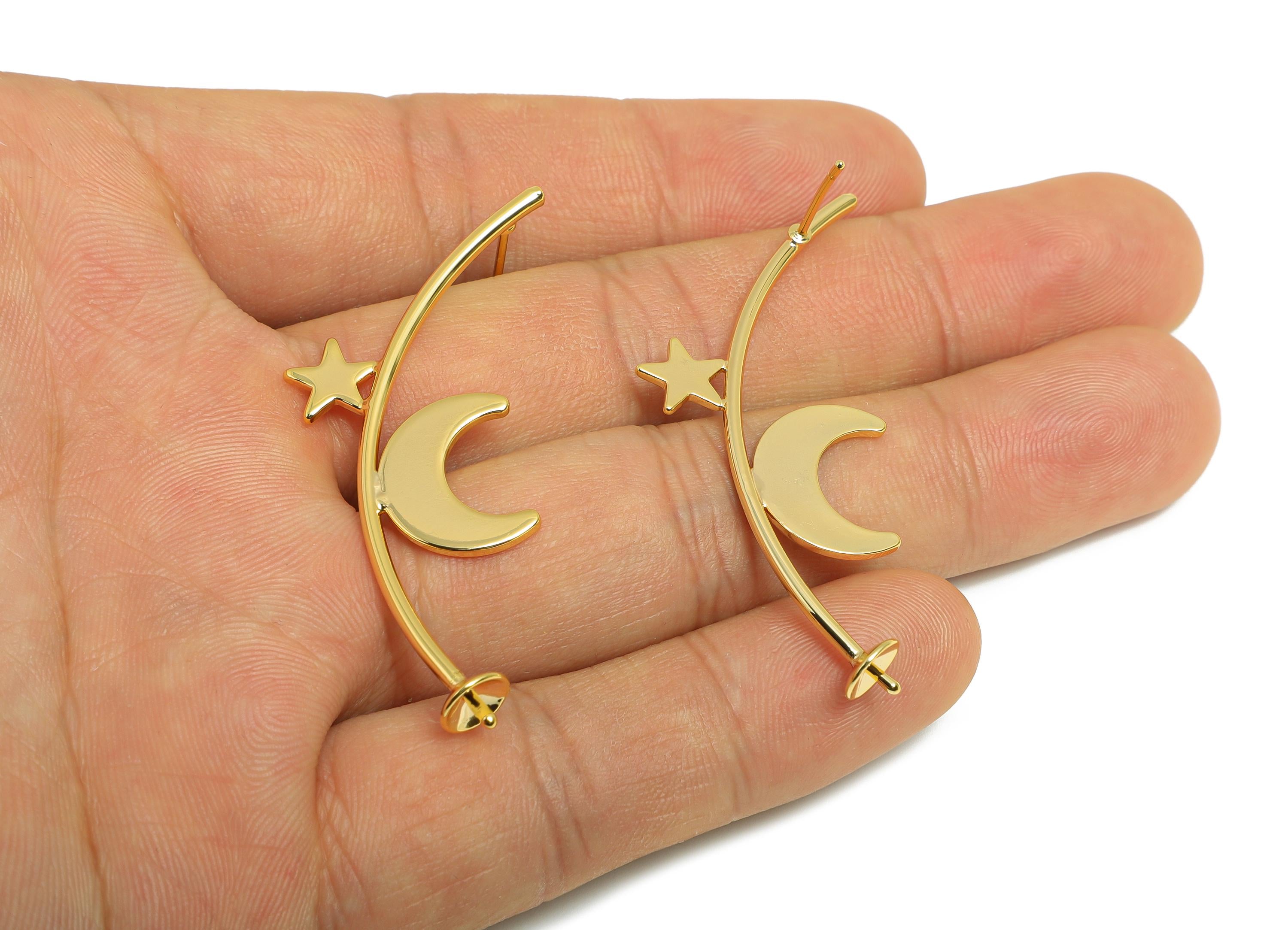 Brass Moon Star Earring Post - Brass Lunar Earring For Women - Fashion Dangle Earring For Pearl - 18K Real Gold Plated - 51x23x1mm -RGP10438 - DOMEDBAZAAR