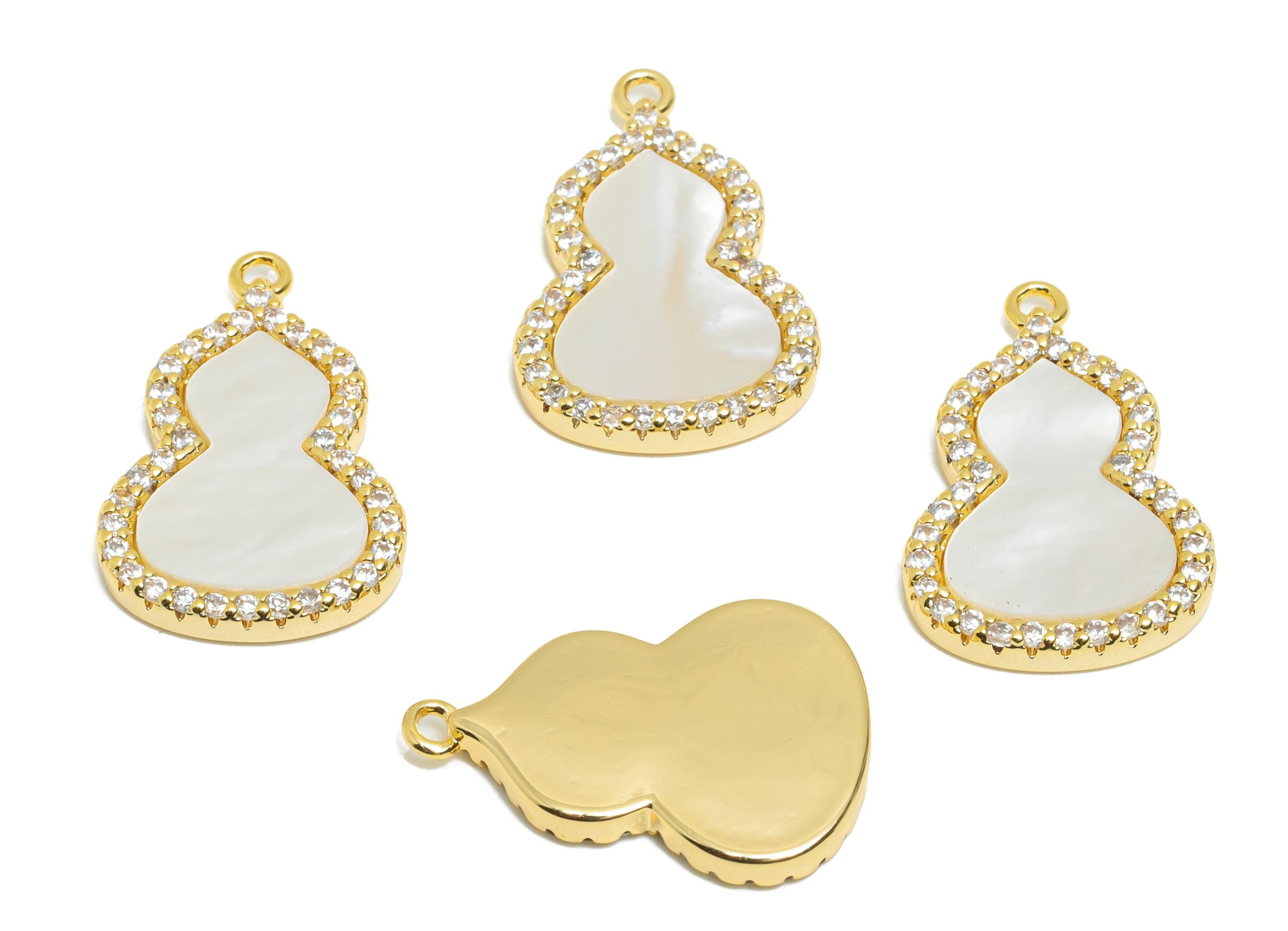 Brass Gourd Pendant - Brass Shell Cubic Zircon Charm for Necklace - Sparkling Gourd Pendant - 18K Real Gold Plating - 15.9x17x3mm - RGP10965 - DOMEDBAZAAR