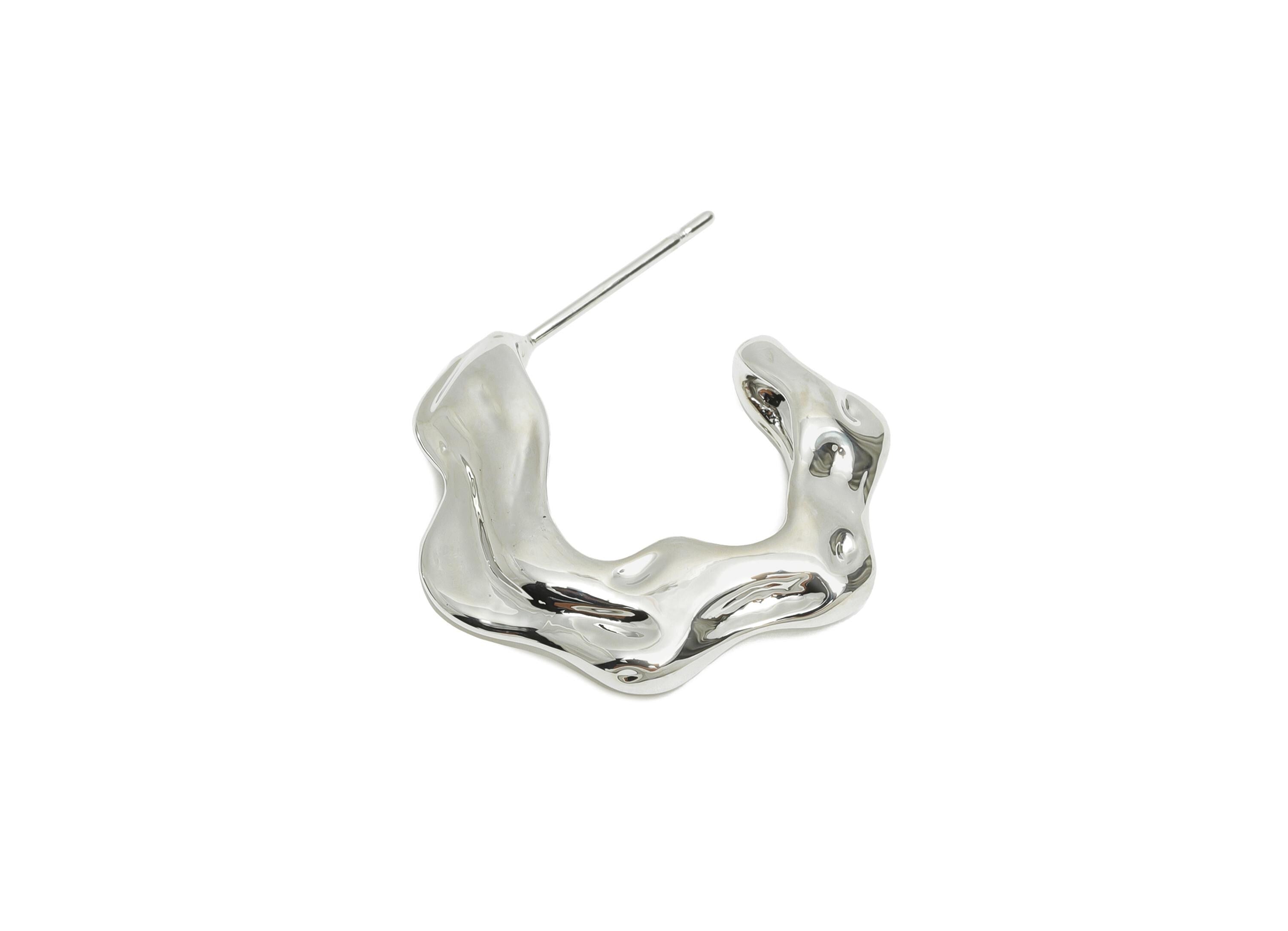 Wavy Open C Hoop Earring Post - Brass Irregular Stud Earring - Unique Geometric Earring - 18K Real White Gold Plating - 21x18x4mm - RGP10976 - DOMEDBAZAAR