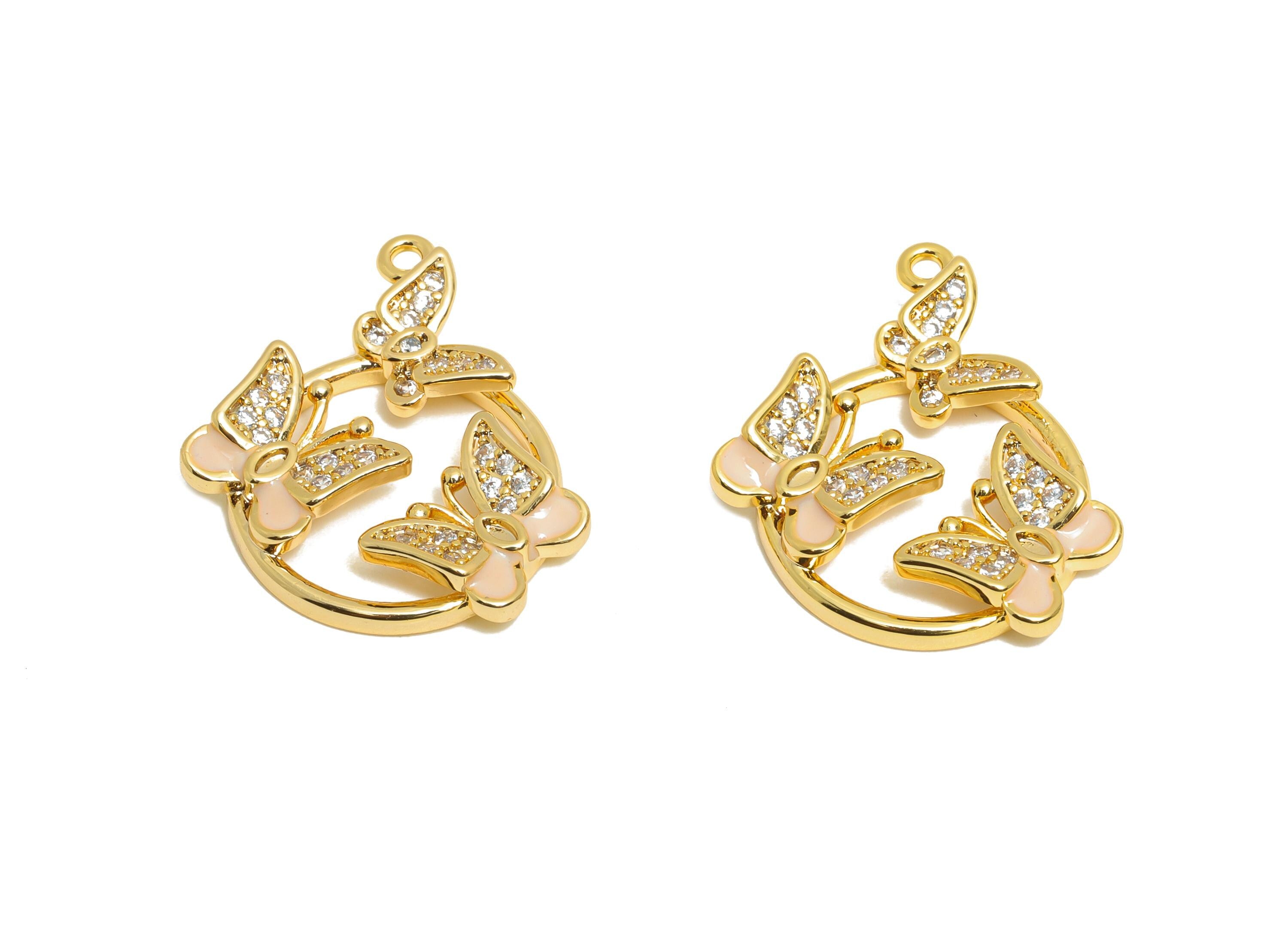 Brass CZ Butterfly Pendant - Gold Enamel Charm for Necklace - Shiny Triple Butterfly Pendant - 18K Real Gold Plated - 21x17.7x4mm - RGP10959
