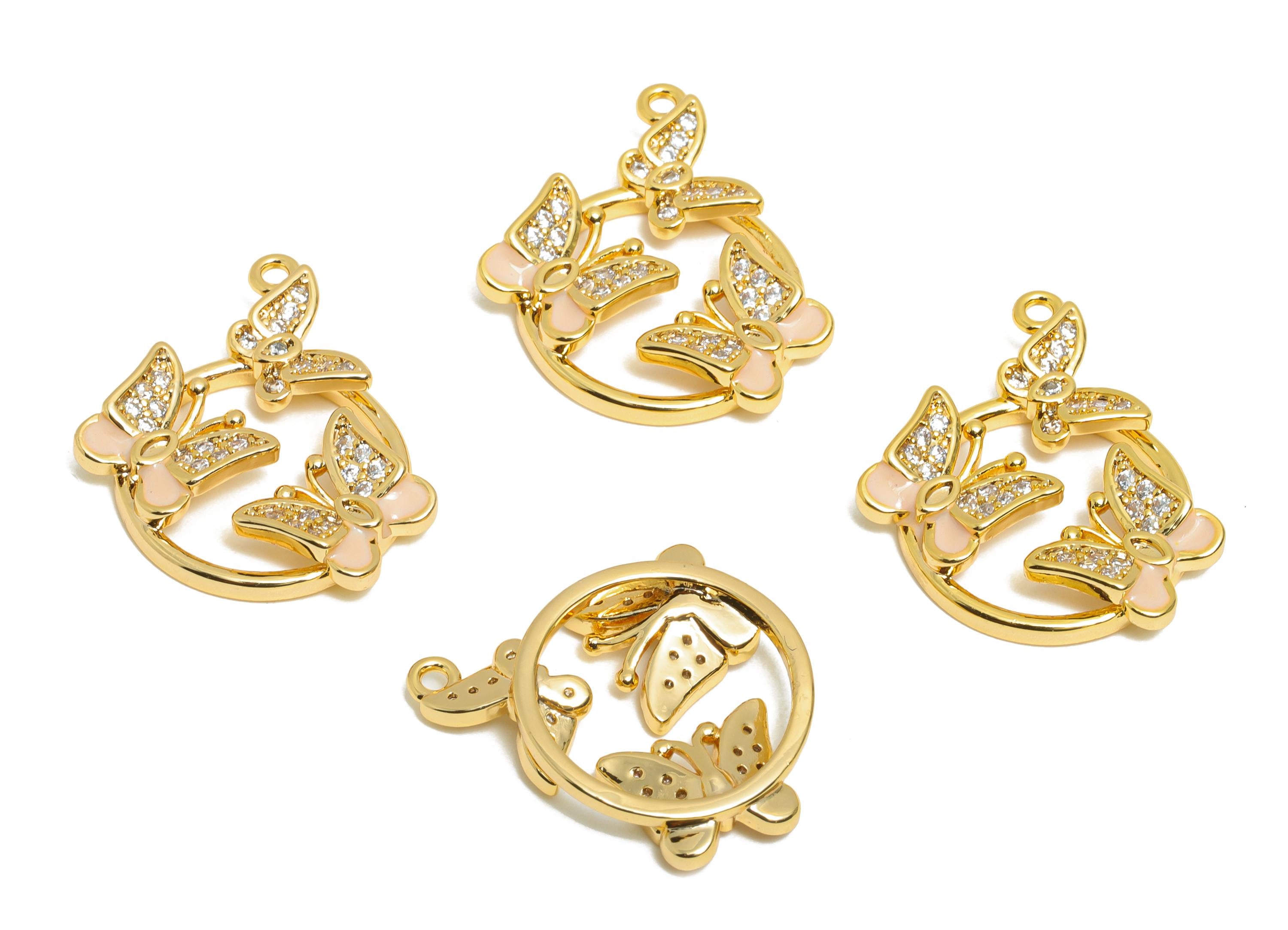 Brass CZ Butterfly Pendant - Gold Enamel Charm for Necklace - Shiny Triple Butterfly Pendant - 18K Real Gold Plated - 21x17.7x4mm - RGP10959