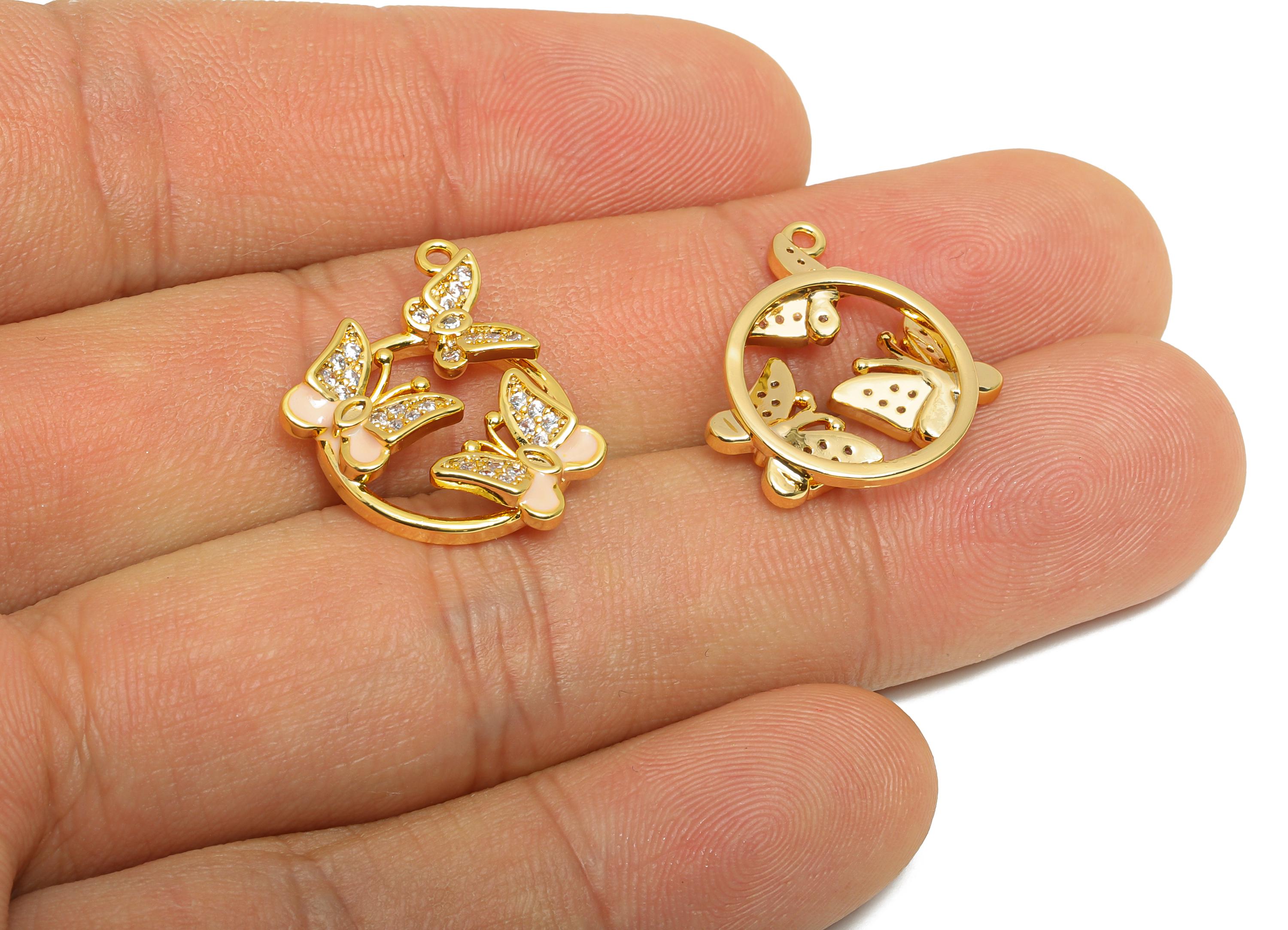 Brass CZ Butterfly Pendant - Gold Enamel Charm for Necklace - Shiny Triple Butterfly Pendant - 18K Real Gold Plated - 21x17.7x4mm - RGP10959