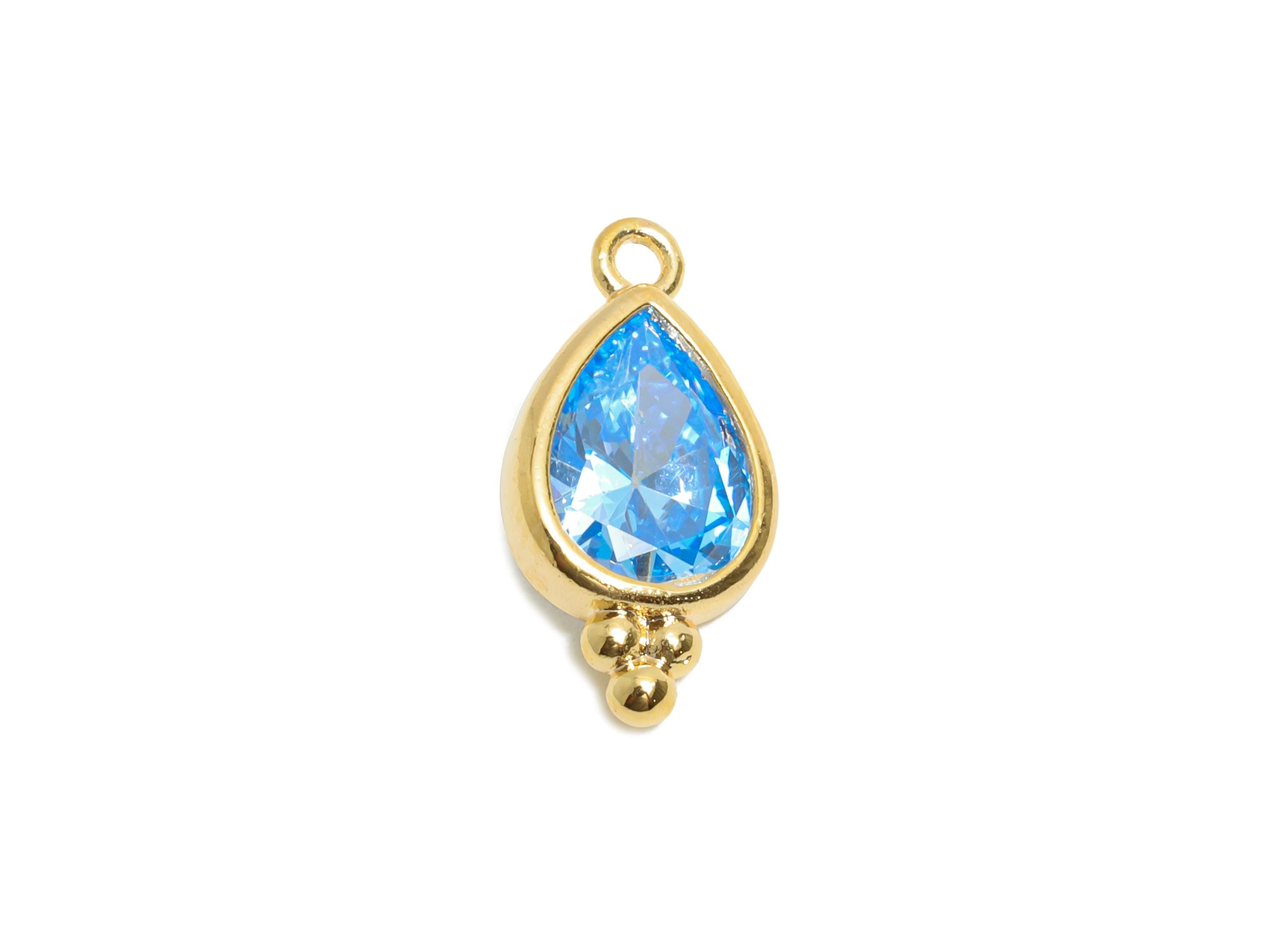 Brass Teardrop Zircon Charm - Shiny Blue Faceted Zircon Pendant for Necklace - For Craft Making - 18K Real Gold Plated - 14x7x3mm - RGP11057 - DOMEDBAZAAR