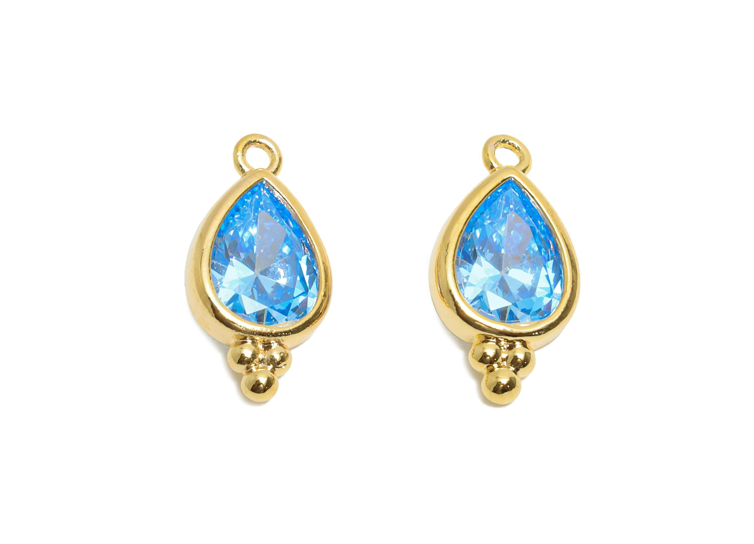 Brass Teardrop Zircon Charm - Shiny Blue Faceted Zircon Pendant for Necklace - For Craft Making - 18K Real Gold Plated - 14x7x3mm - RGP11057 - DOMEDBAZAAR
