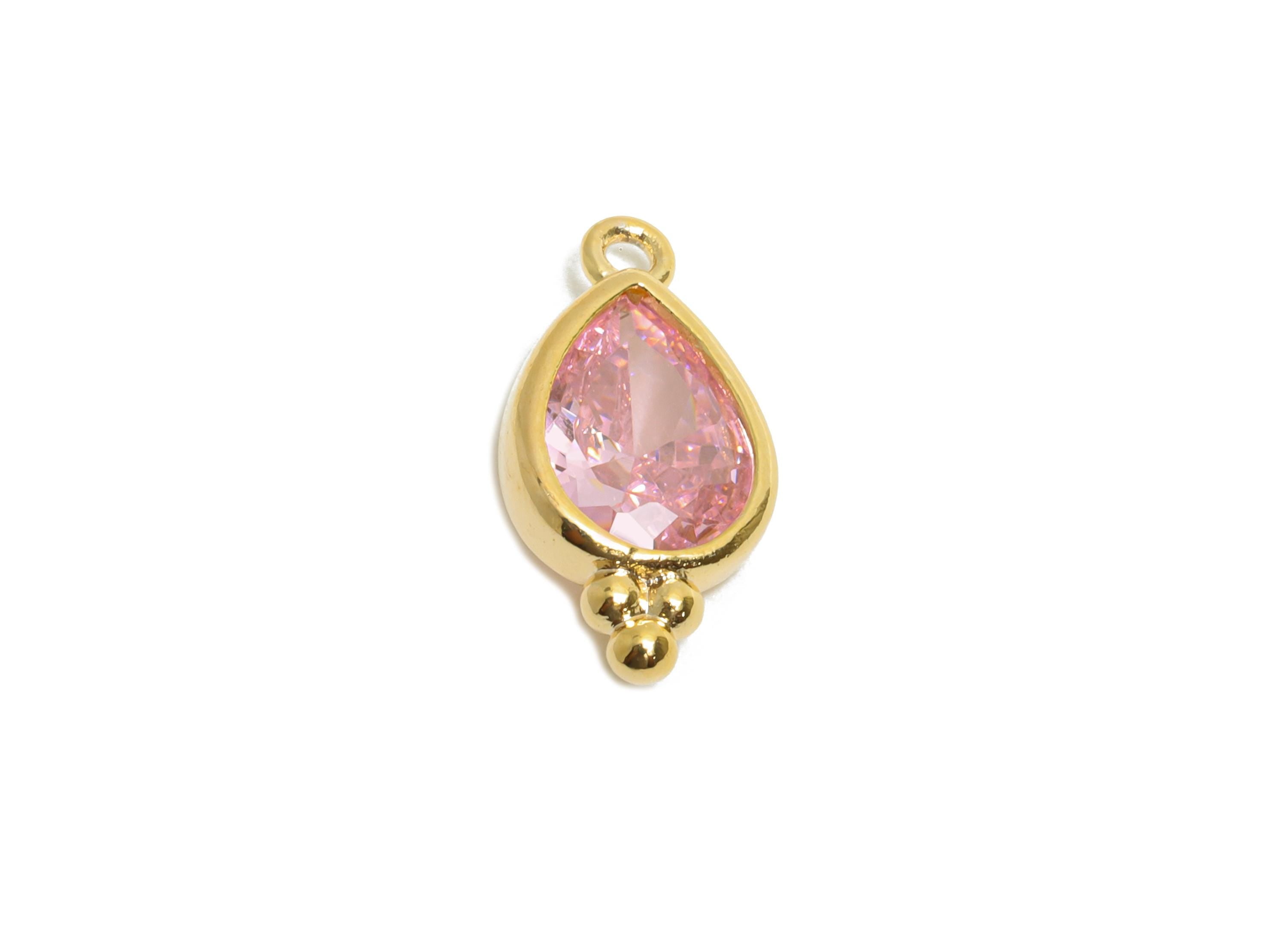 Brass Teardrop Zircon Charm - Dainty Pink Faceted Zircon Necklace Pendant - DIY Jewelry Making - 18K Real Gold Plated - 14x7x3mm - RGP11058 - DOMEDBAZAAR