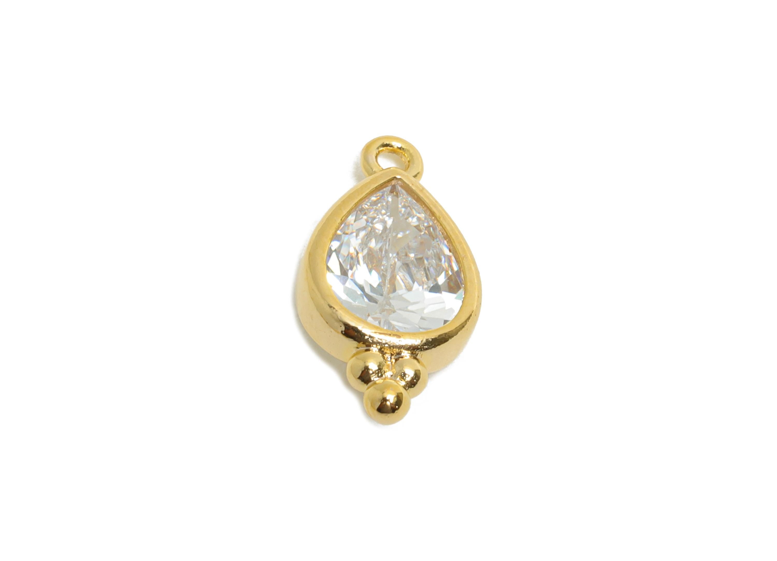 Brass Teardrop Zircon Charm - Sparkling Faceted Zircon Pendant for Necklace - For Craft Making - 18K Real Gold Plated - 14x7x3mm - RGP11059 - DOMEDBAZAAR