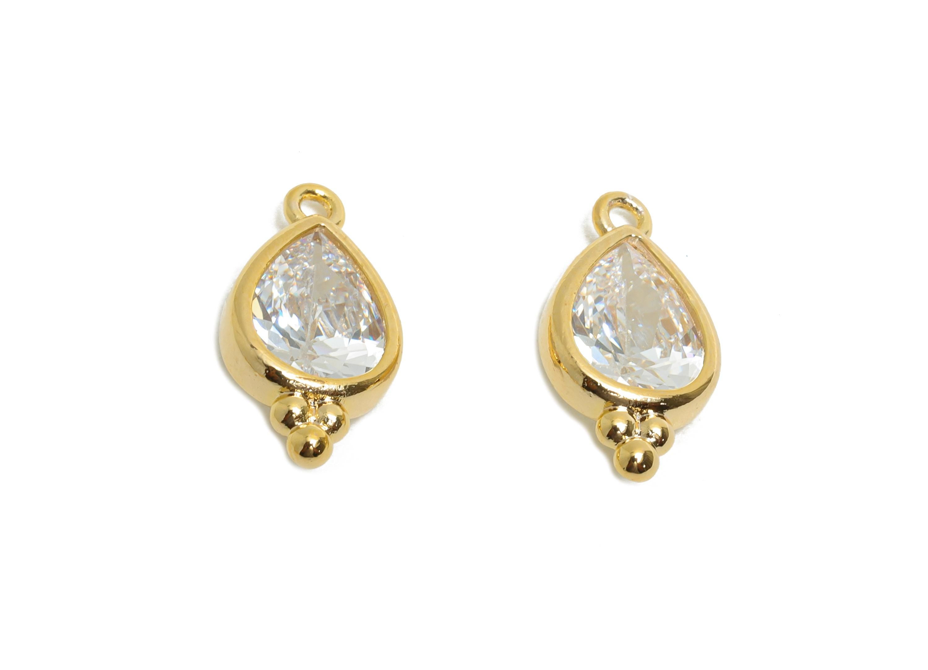 Brass Teardrop Zircon Charm - Sparkling Faceted Zircon Pendant for Necklace - For Craft Making - 18K Real Gold Plated - 14x7x3mm - RGP11059 - DOMEDBAZAAR