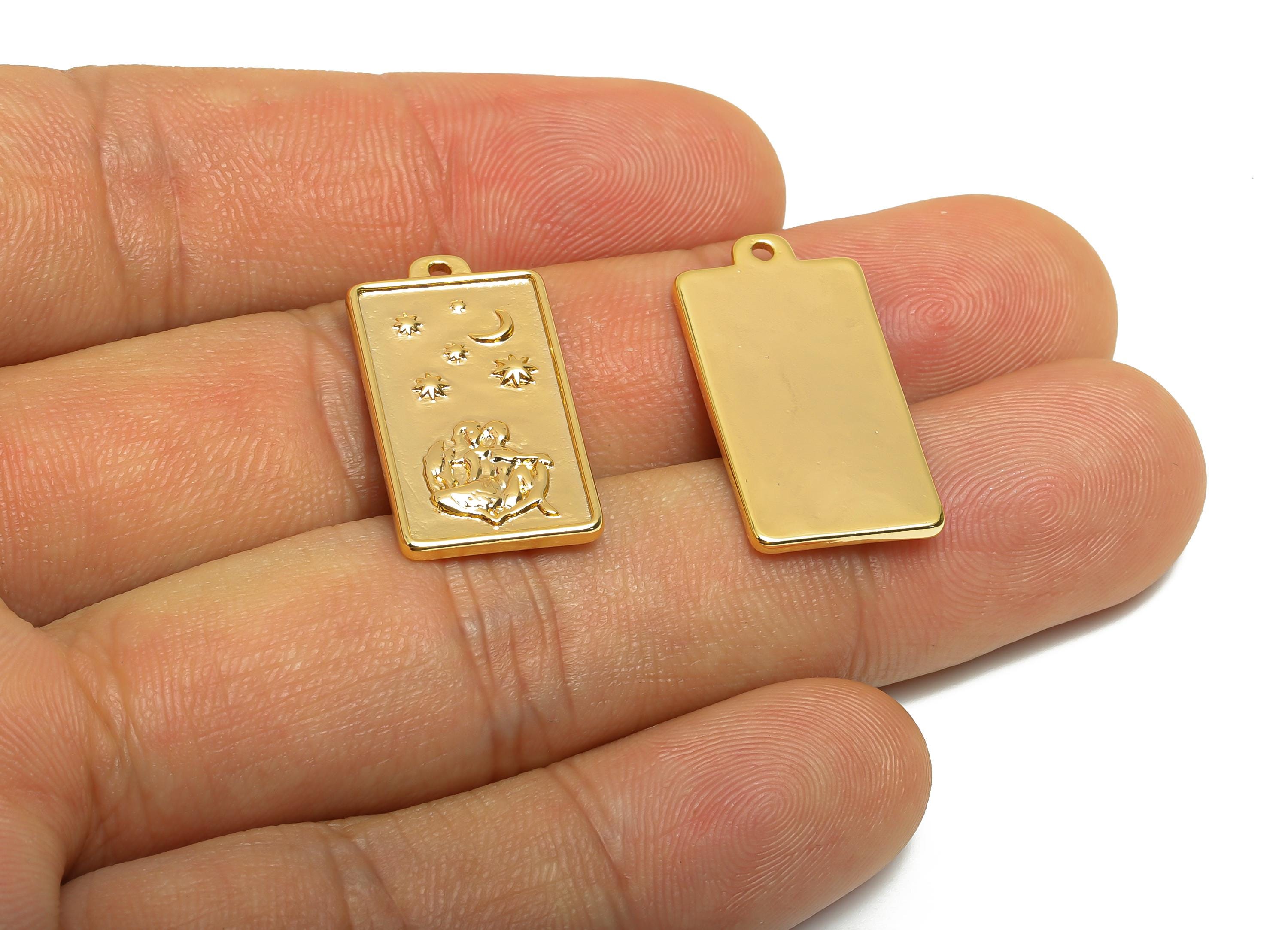 Gemini Zodiac Rectangle Charm - Gold Brass Horoscopes Necklace Pendant - Astrology Good Lucky Charm - 18K Gold Plated - 24x12x1mm - RGP11037 - DOMEDBAZAAR
