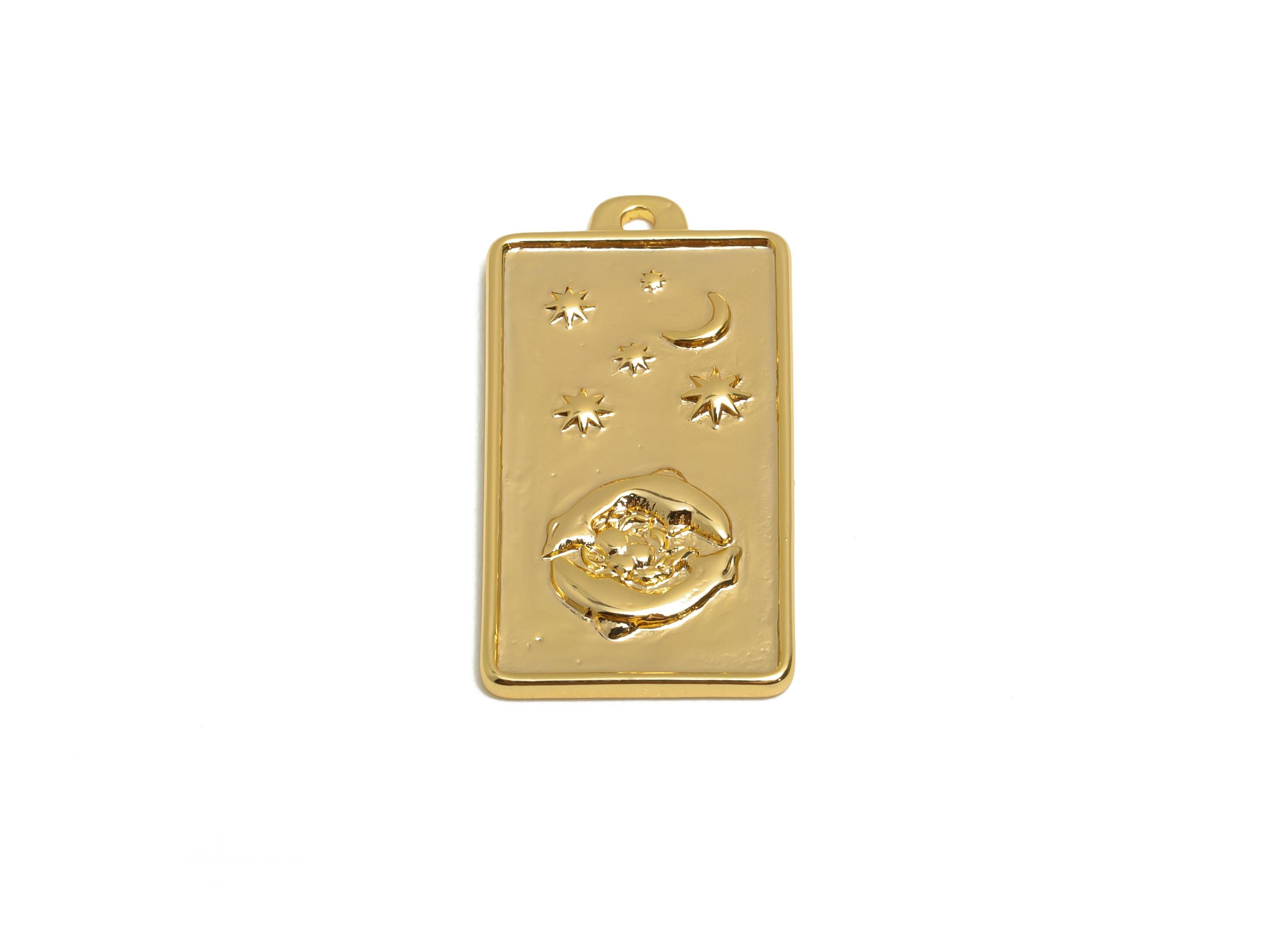 Pisces Zodiac Rectangle Charm - Gold Brass Horoscopes Necklace Pendant - Astrology Good Lucky Charm - 18K Gold Plated - 24x12x1mm - RGP11040 - DOMEDBAZAAR
