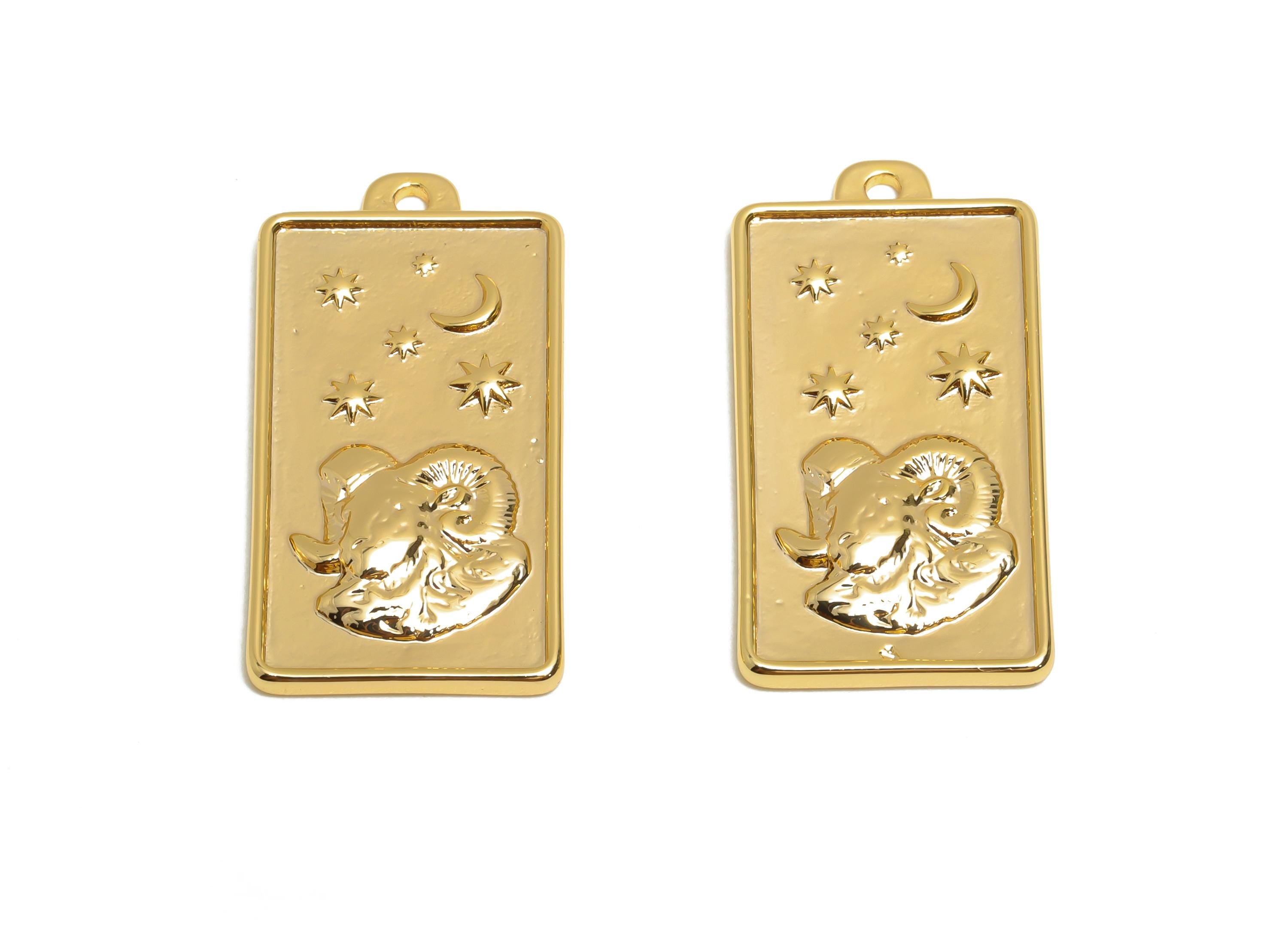 Aries Zodiac Rectangle Charm - Gold Brass Horoscopes Necklace Pendant - Astrology Good Lucky Charm - 18K Gold Plated - 24x12x1mm - RGP11044 - DOMEDBAZAAR