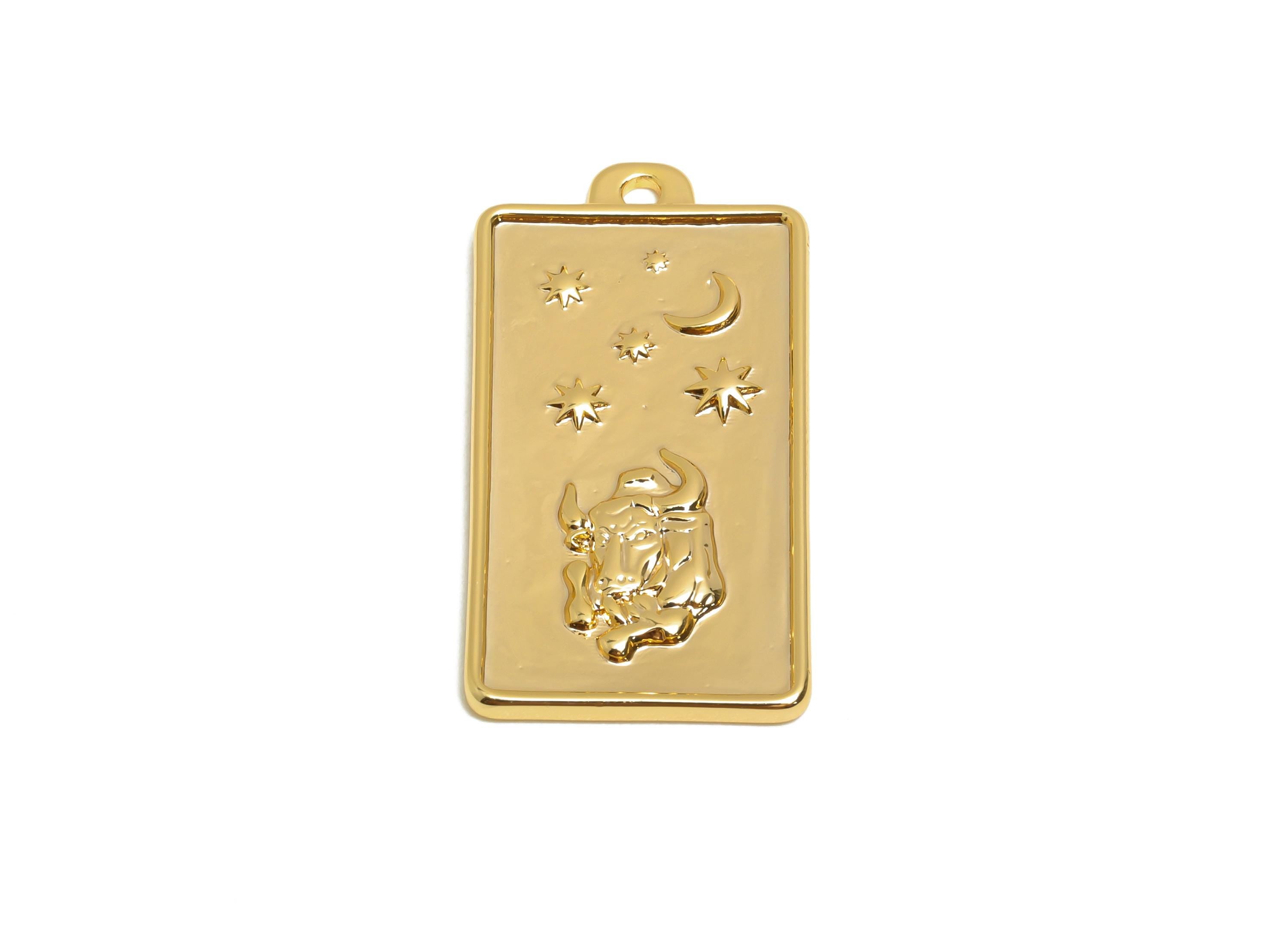 Taurus Zodiac Rectangle Charm - Gold Brass Horoscopes Necklace Pendant - Astrology Good Lucky Charm - 18K Gold Plated - 24x12x1mm - RGP11046 - DOMEDBAZAAR