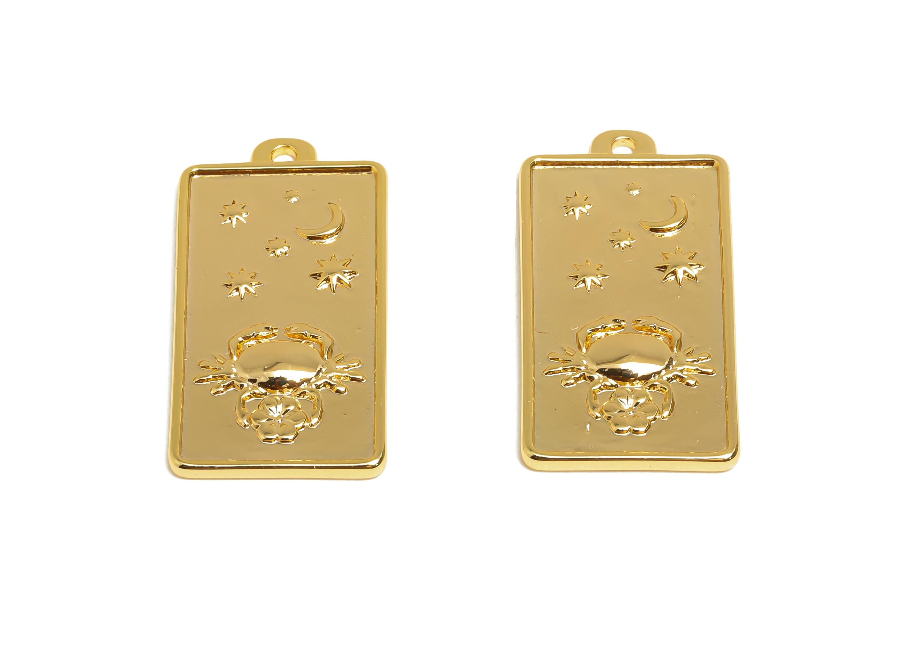 Cancer Zodiac Rectangle Charm - Gold Brass Horoscopes Necklace Pendant - Astrology Good Lucky Charm - 18K Gold Plated - 24x12x1mm - RGP11047 - DOMEDBAZAAR