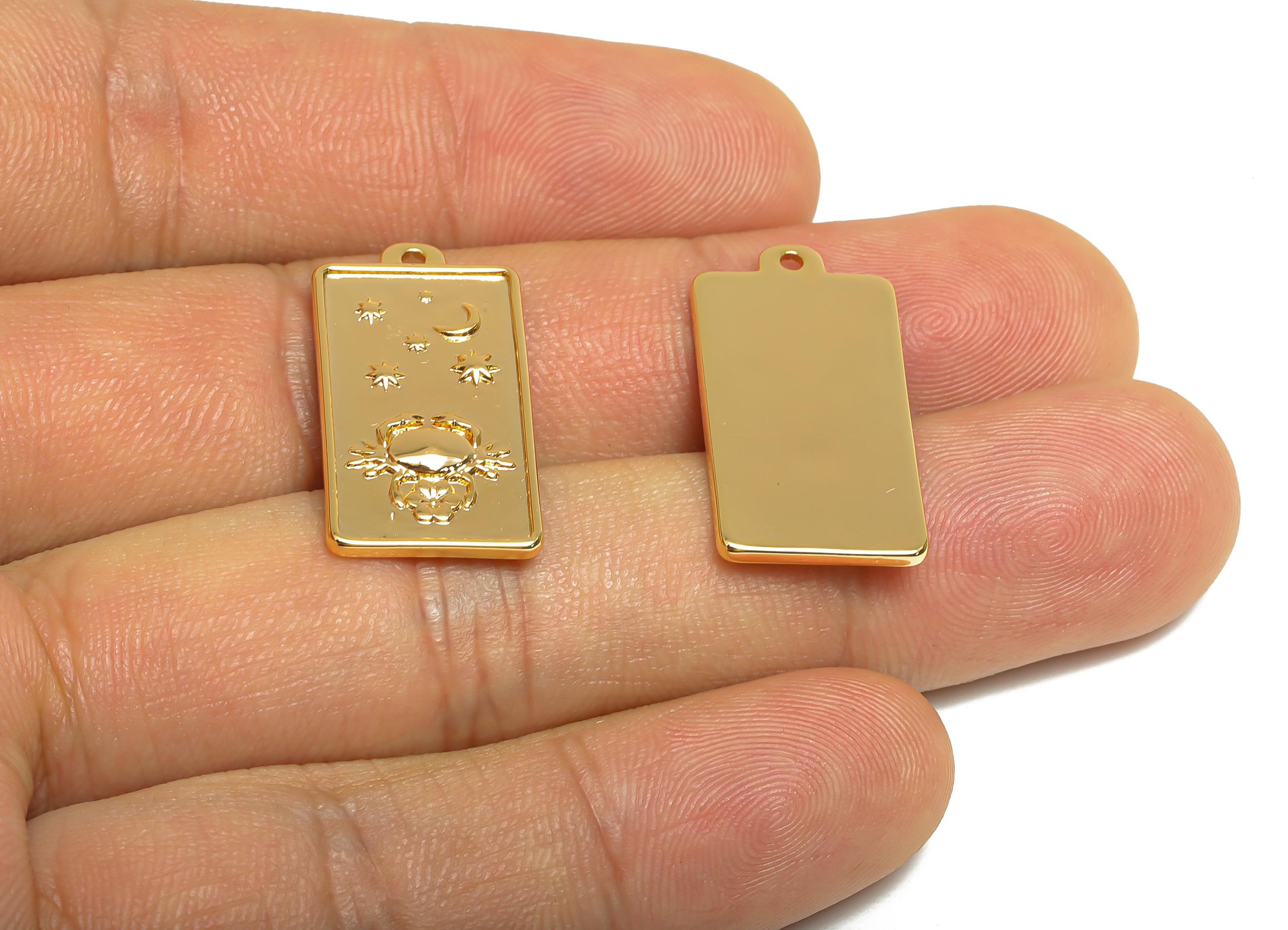 Cancer Zodiac Rectangle Charm - Gold Brass Horoscopes Necklace Pendant - Astrology Good Lucky Charm - 18K Gold Plated - 24x12x1mm - RGP11047 - DOMEDBAZAAR