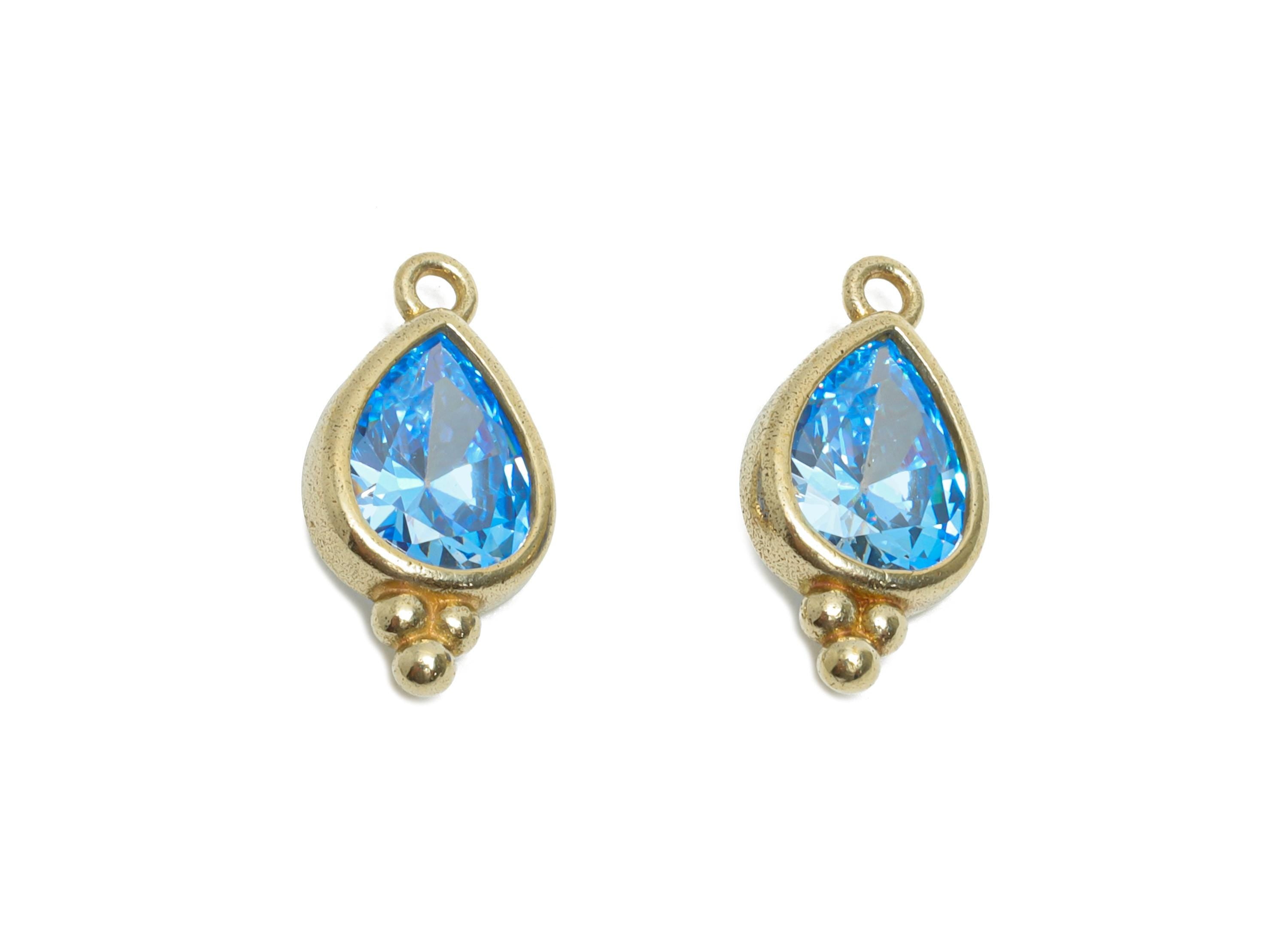 Raw Brass Teardrop Zircon Charm - Shiny Blue Faceted Zircon Pendant for Necklace - For Craft Making - Jewelry Supplies - 14x7x3mm - PP11427 - DOMEDBAZAAR