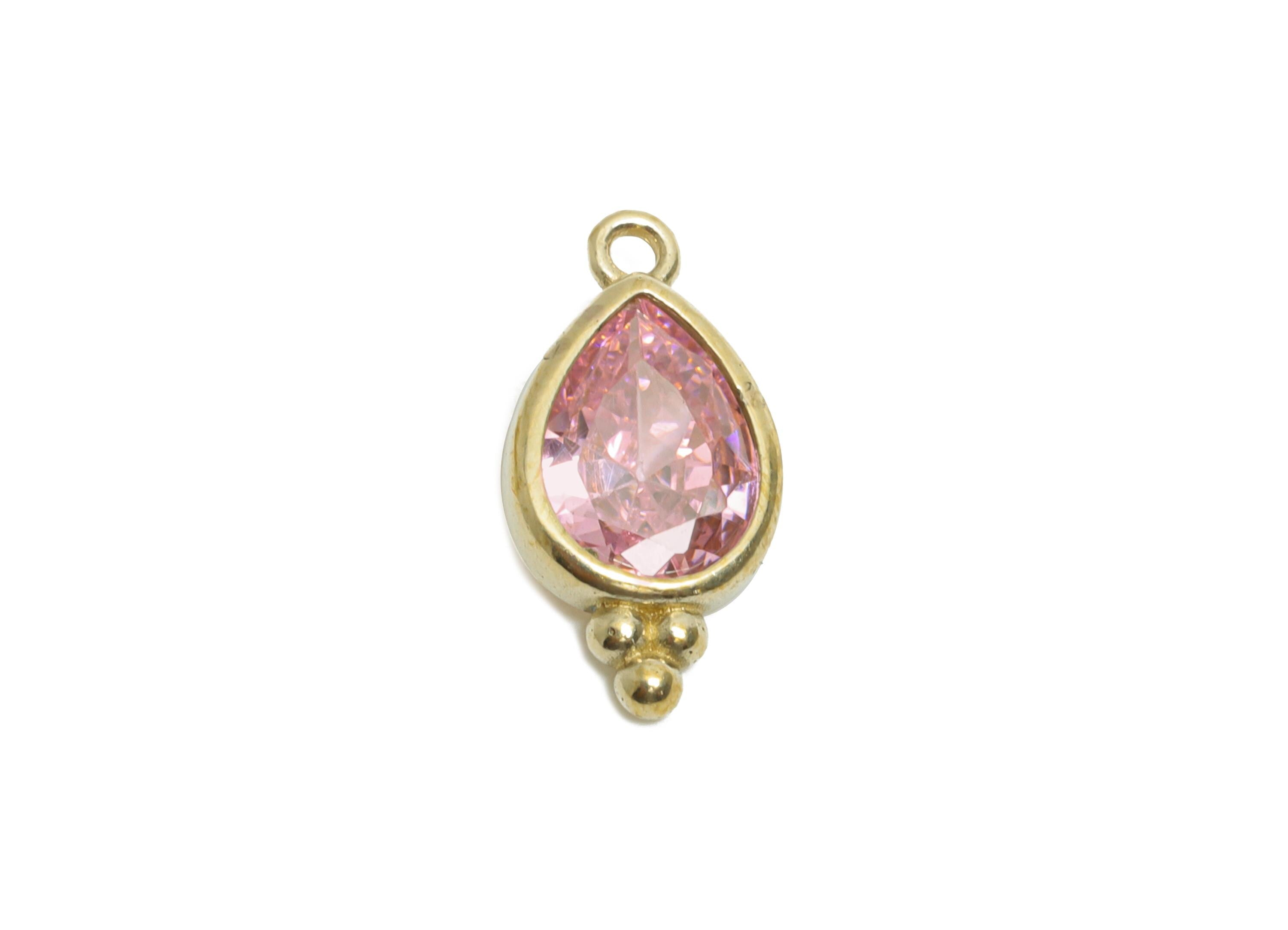 Raw Brass Teardrop Zircon Charm - Dainty Pink Faceted Zircon Necklace Pendant - DIY Jewelry Making - Crafting Making - 14x7x3mm - PP11428 - DOMEDBAZAAR