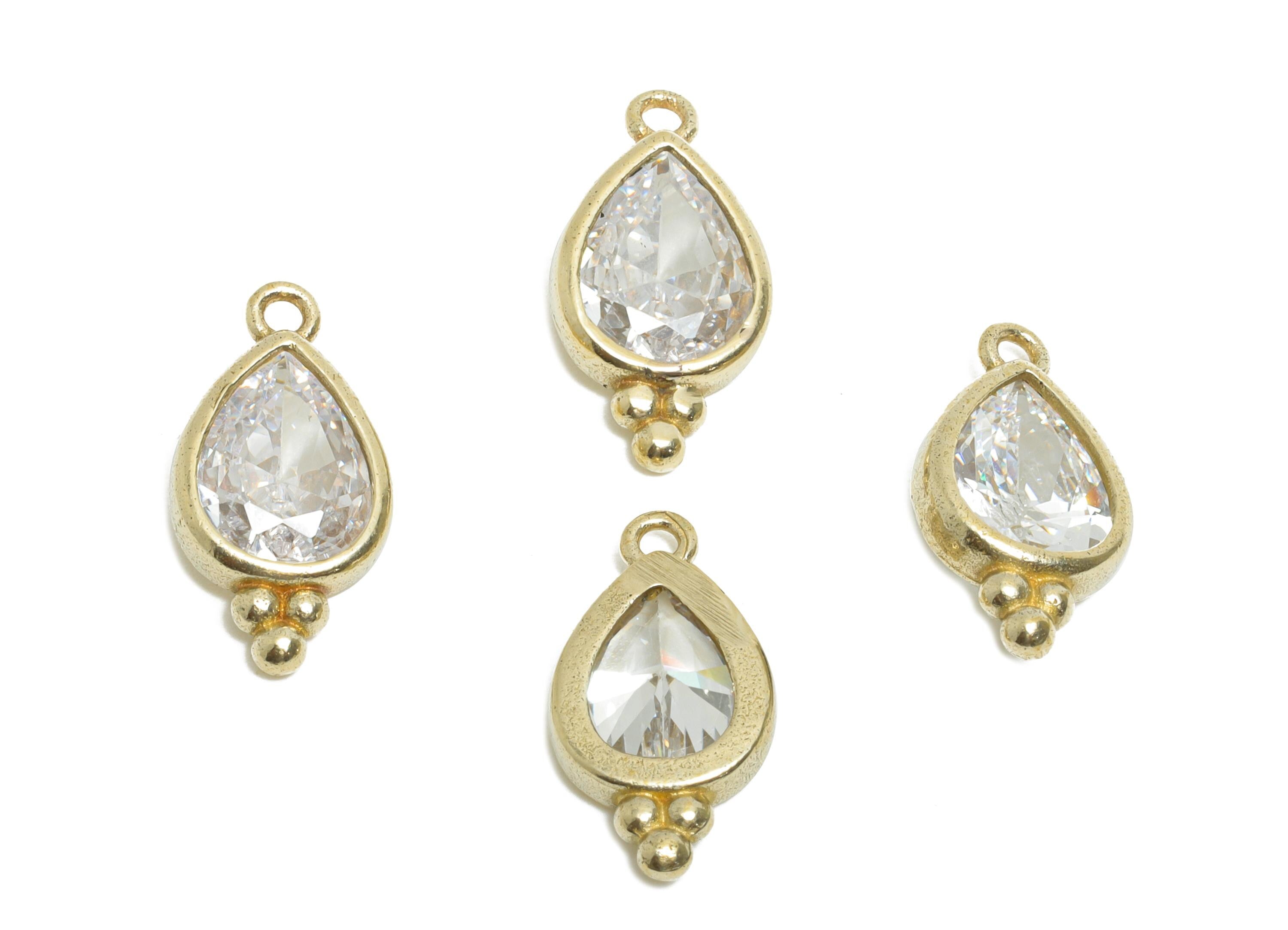 Raw Brass Teardrop Zircon Charm - Sparkling Faceted Zircon Pendant for Necklace - For Craft Making - Jewelry Supplies - 14x7x3mm - PP11429 - DOMEDBAZAAR