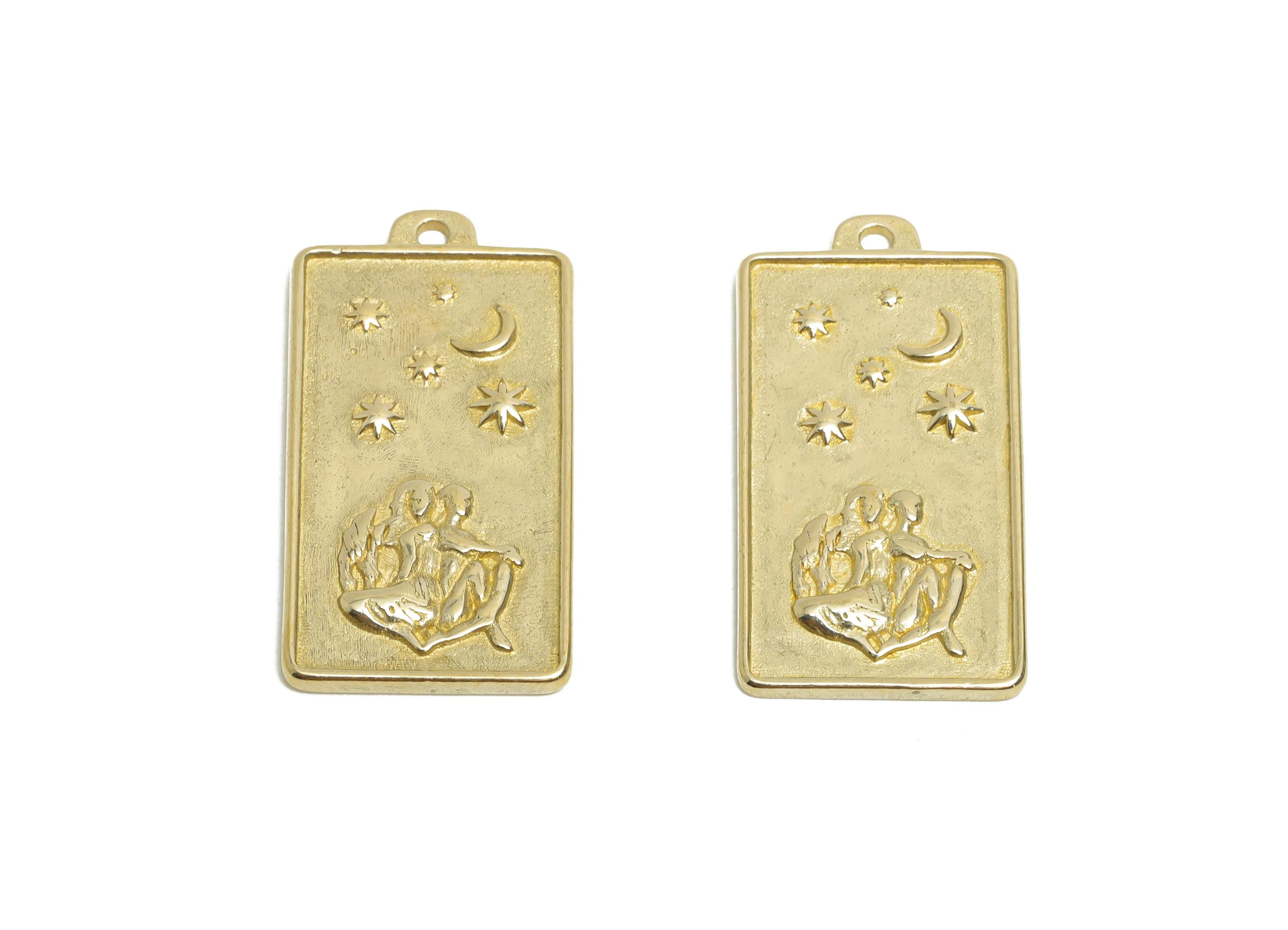Gemini Zodiac Rectangle Charm - Raw Brass Horoscopes Necklace Pendant - Astrology Good Lucky Charm - Jewelry Making - 24x12x1mm - PP11409 - DOMEDBAZAAR