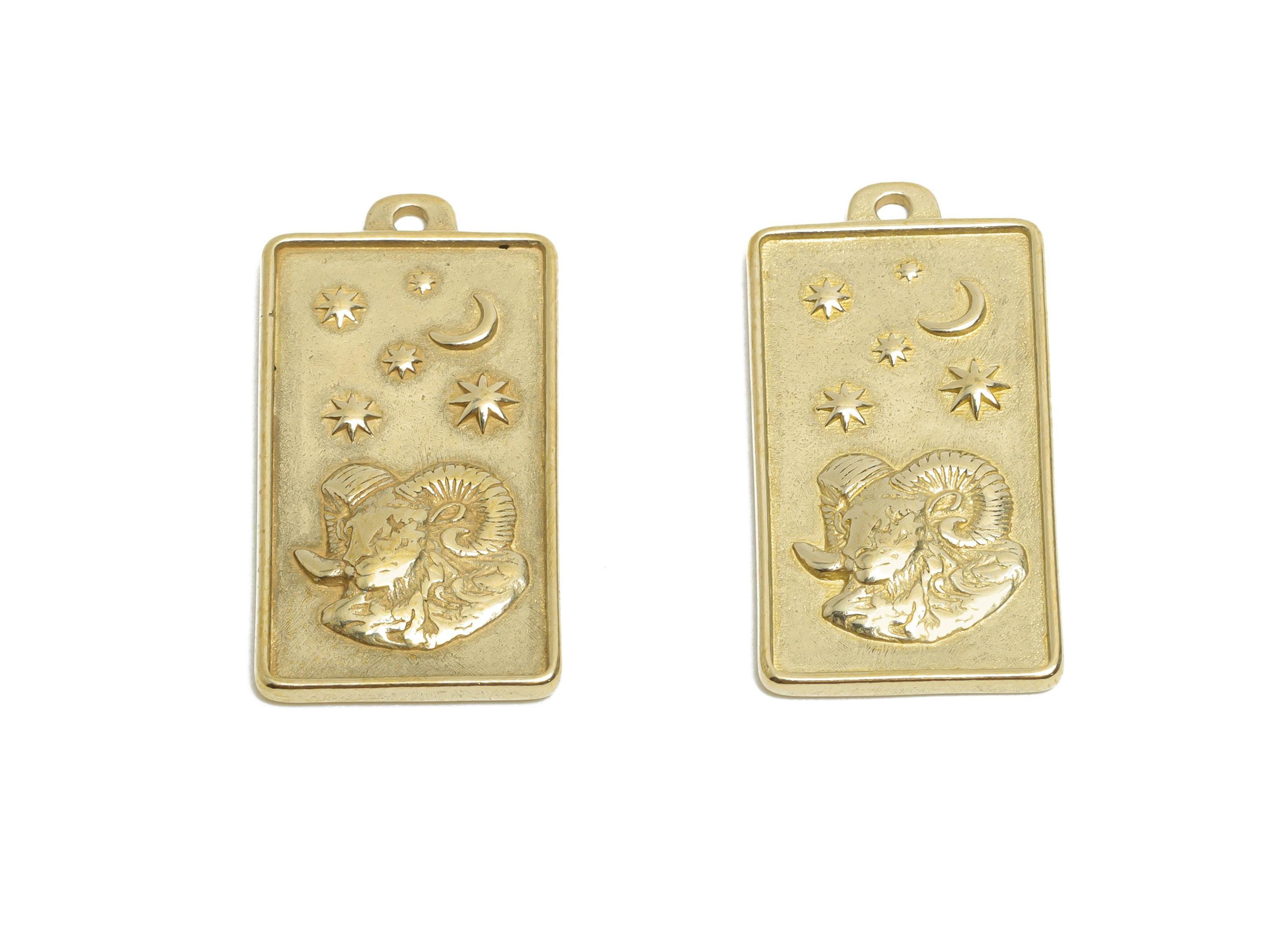 Aries Zodiac Rectangle Charm - Raw Brass Horoscopes Necklace Pendant - Astrology Good Lucky Charm - Jewelry Making - 24x12x1mm - PP11416 - DOMEDBAZAAR