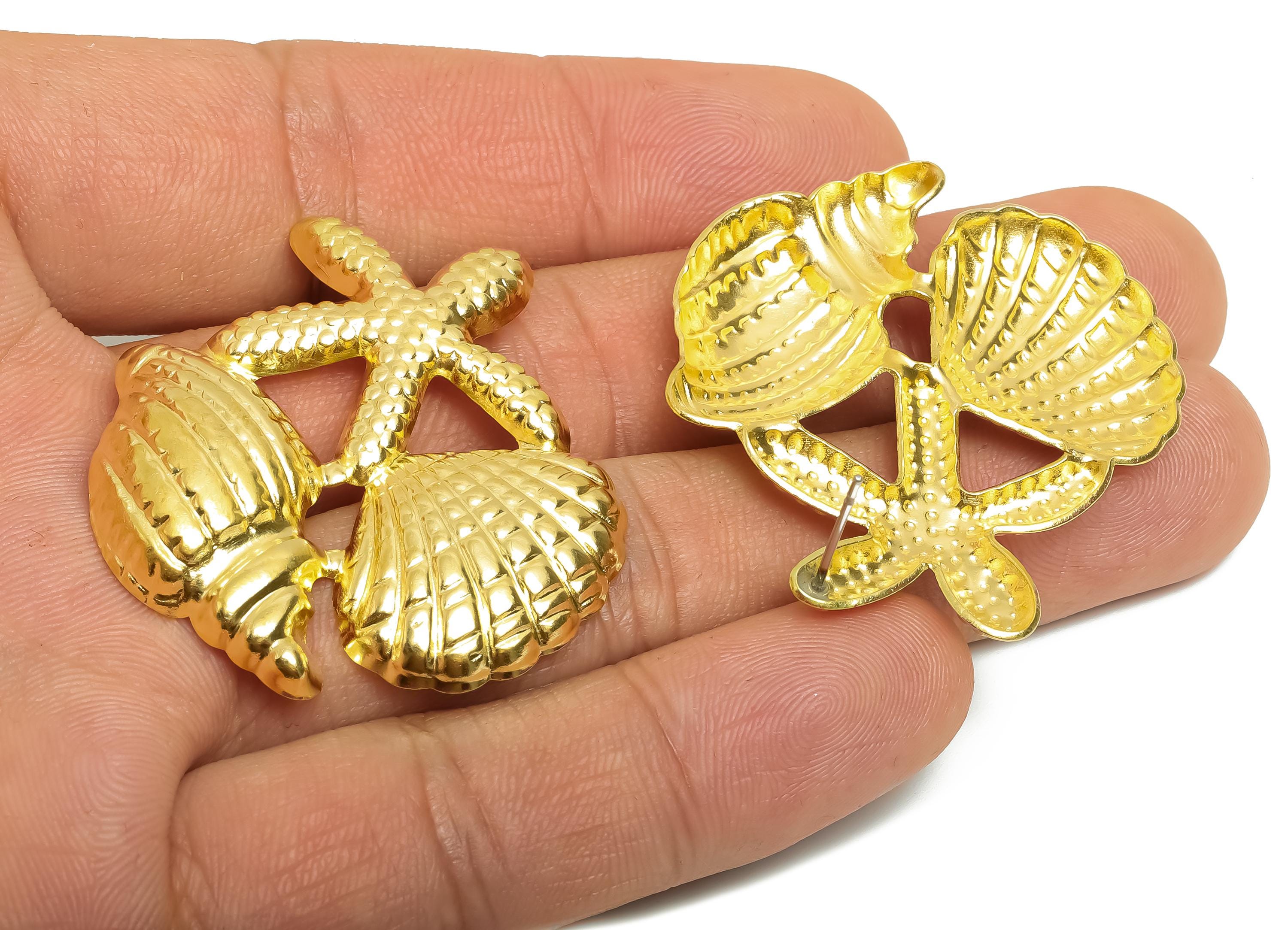 Brass Conch Starfish Post - Textured Shell Marine Earring Stud - Refined Marine Jewelry - Cute Boho Earring Stud - 40x36x5mm - PP11080 - DOMEDBAZAAR