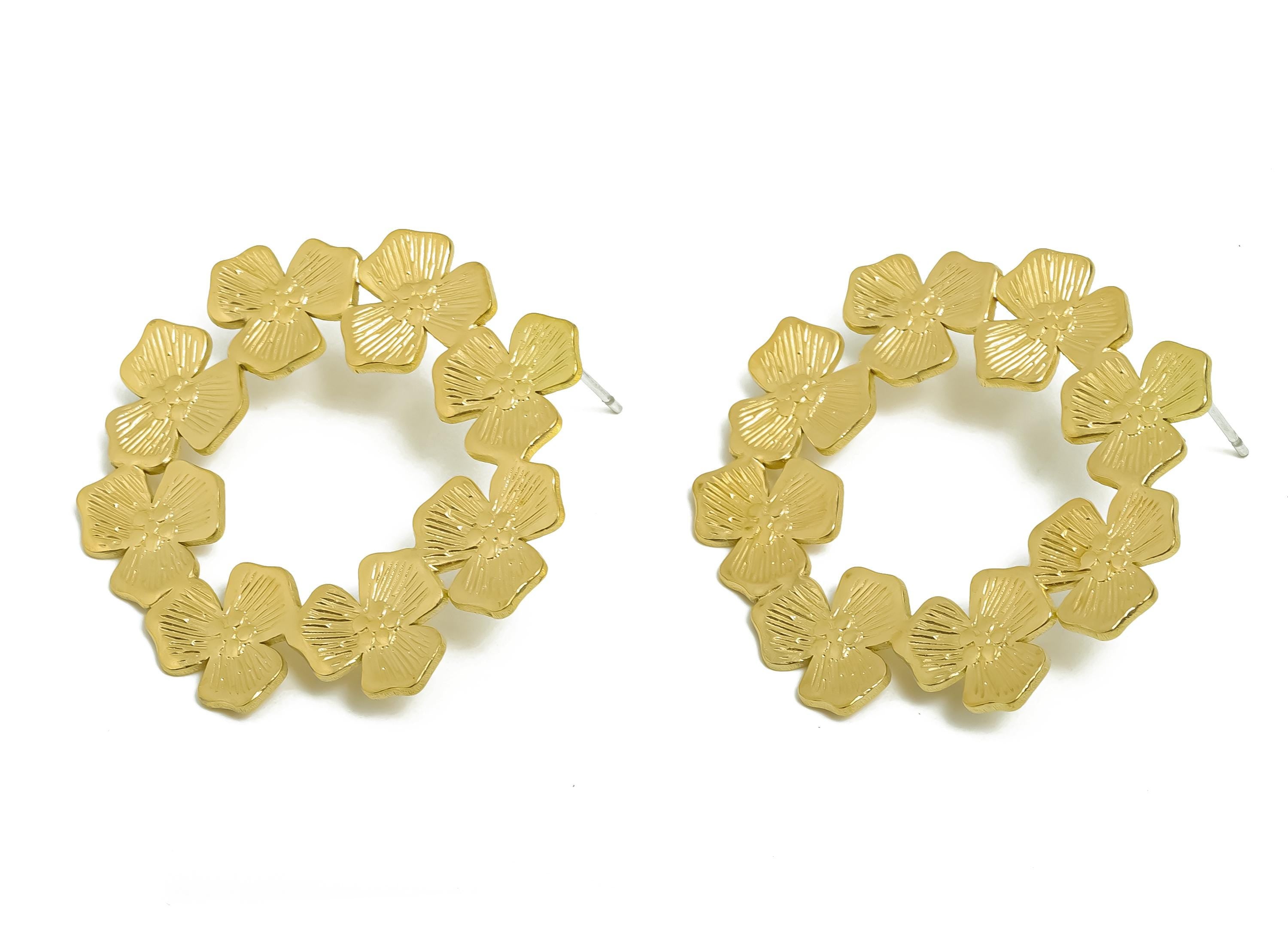 Brass Branch Hoop Earring Post - Elegant Textured Floral Stud - Brass Botanical Bloom Jewelry - Wedding Or Party Earring - 35x34x1mm-PP11075 - DOMEDBAZAAR