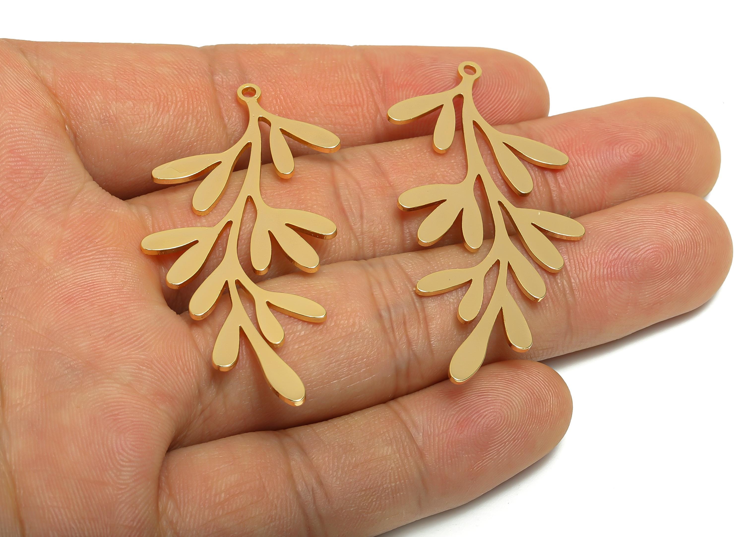 Gold Leaf Branch Charm - Minimalist Leaf Jewelry Pendant - Leafy Vine Metal Component - 18K Real Gold Plated - 15.32x14.19x3.23mm -RGP11032 - DOMEDBAZAAR