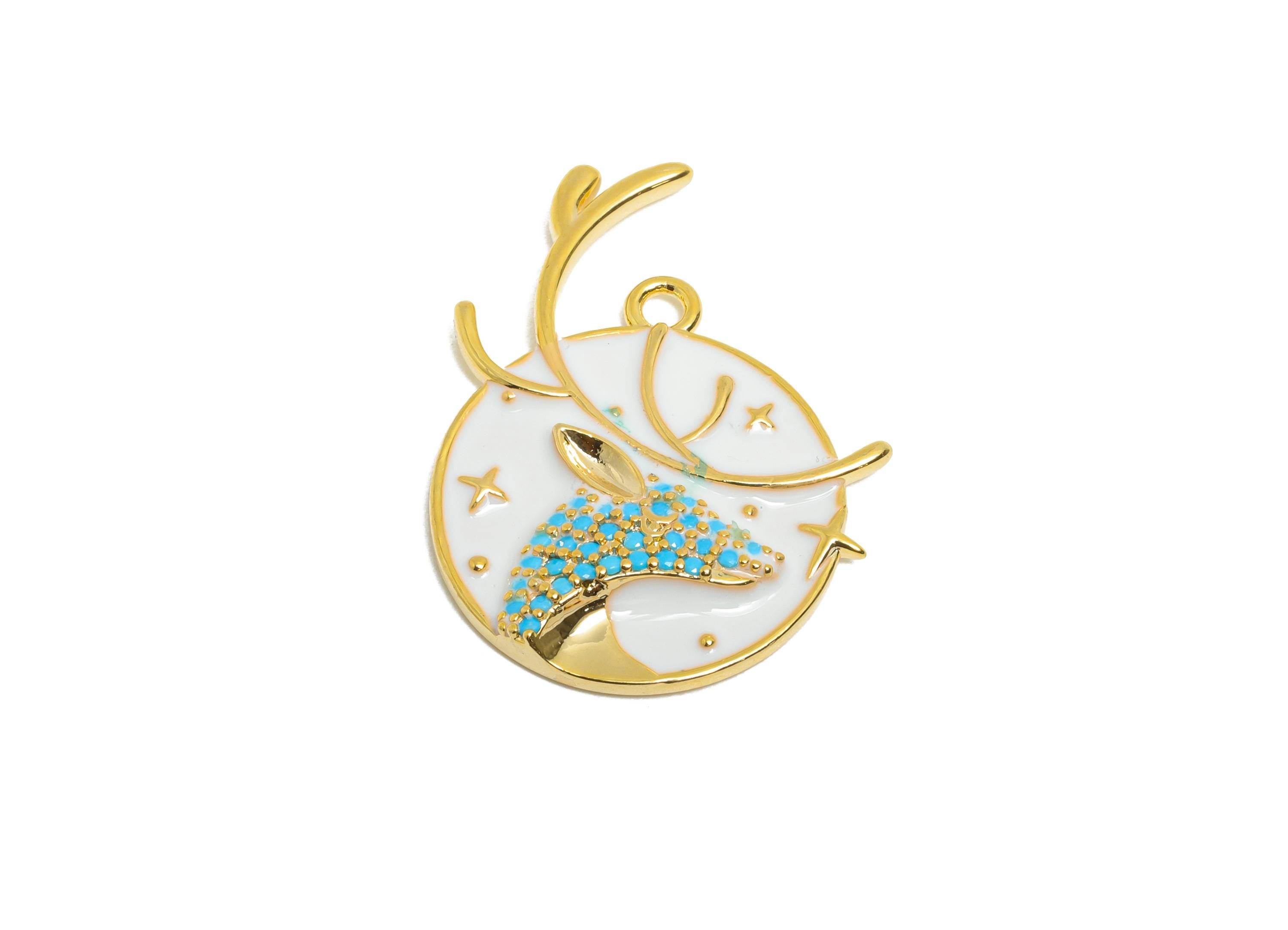 Reindeer Pendant Charm - Dainty Gold Brass Enamel Pendant - Cubic Zircon Necklace Pendant - 18K Real Gold Plated - 27x19x3mm - RGP11027