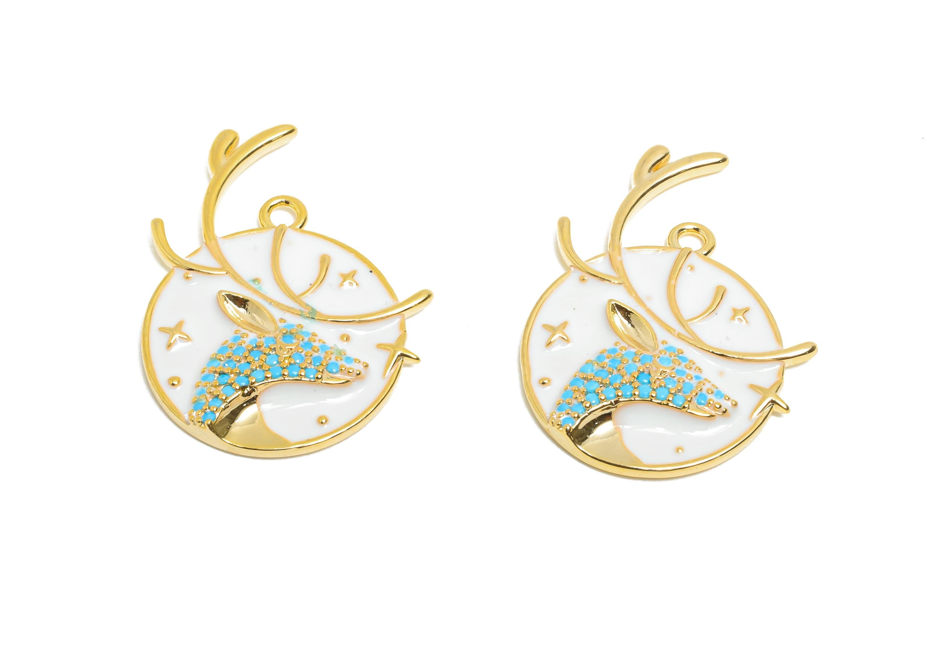 Reindeer Pendant Charm - Dainty Gold Brass Enamel Pendant - Cubic Zircon Necklace Pendant - 18K Real Gold Plated - 27x19x3mm - RGP11027