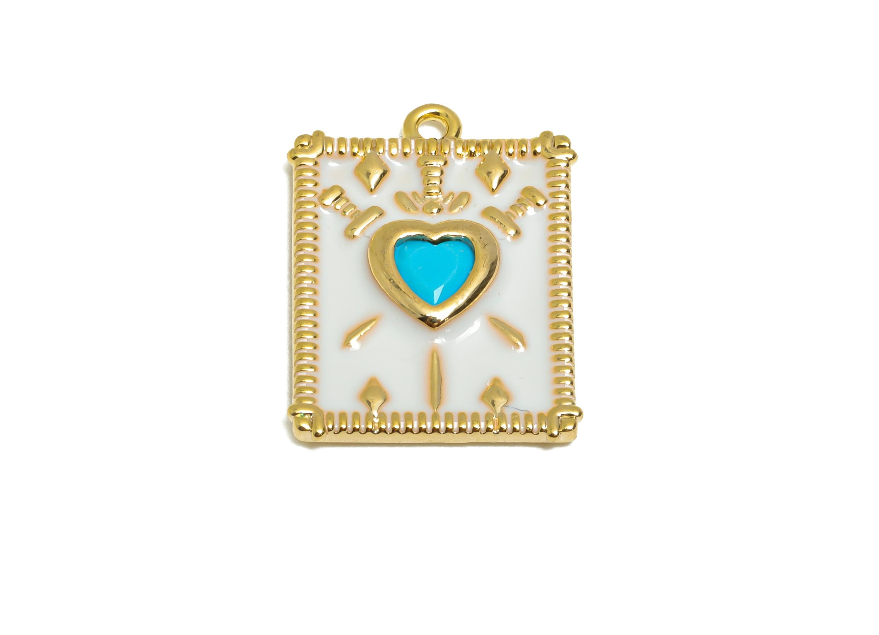 Sacred Heart Charm Pendant - Dainty Gold Brass Enamel Pendant - Brass  Boho Heart Jewelry - 18K Real Gold Plated - 18x14x2mm -RGP11026