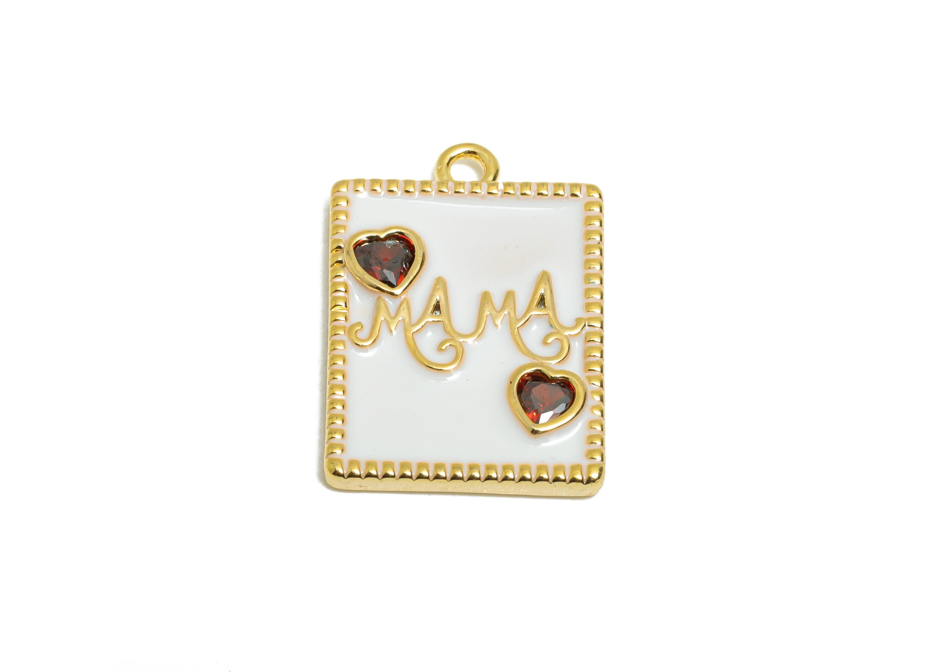 Brass Heart Charm Pendant - Dainty MaMa Enamel Pendant - Cubic Zircon Mother&#39;s Heart Jewelry - 18K Real Gold Plated - 18x13x2mm -RGP11025