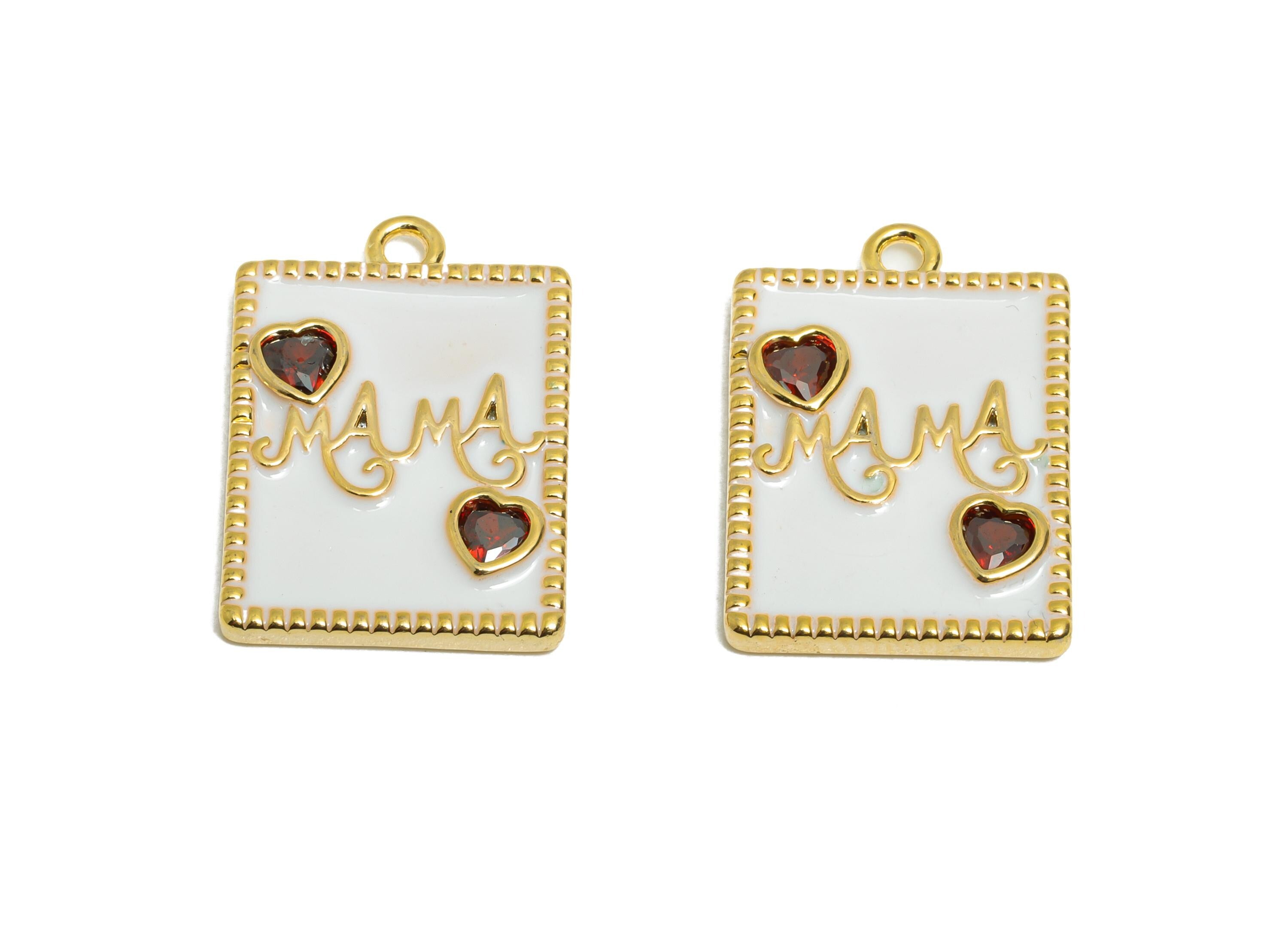 Brass Heart Charm Pendant - Dainty MaMa Enamel Pendant - Cubic Zircon Mother&#39;s Heart Jewelry - 18K Real Gold Plated - 18x13x2mm -RGP11025