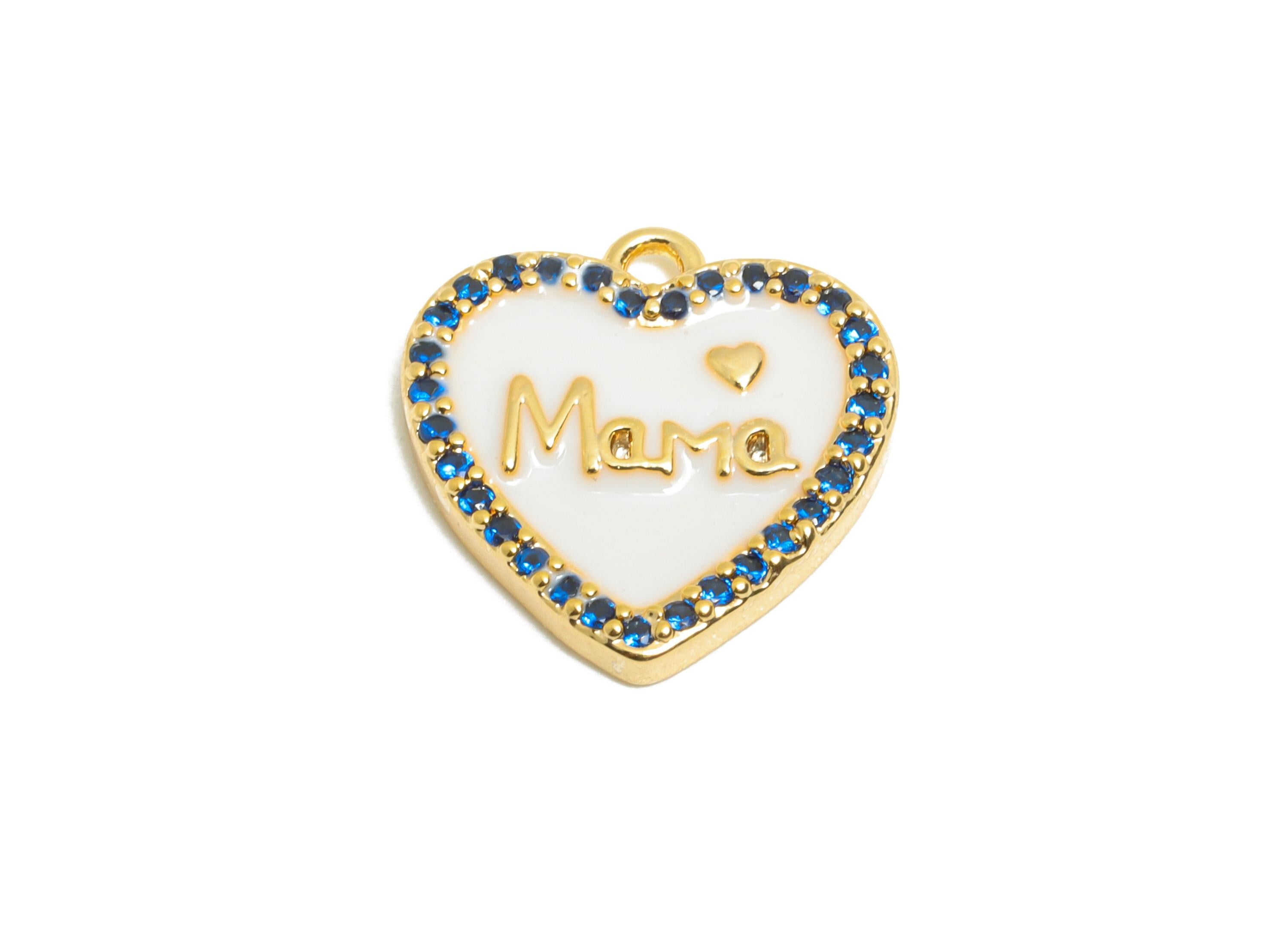 Brass Heart Charm Pendant - Dainty MaMa Enamel Pendant - Cubic Zircon Mother&#39;s Heart Jewelry - 18K Real Gold Plated - 18x13x2mm - RGP11029