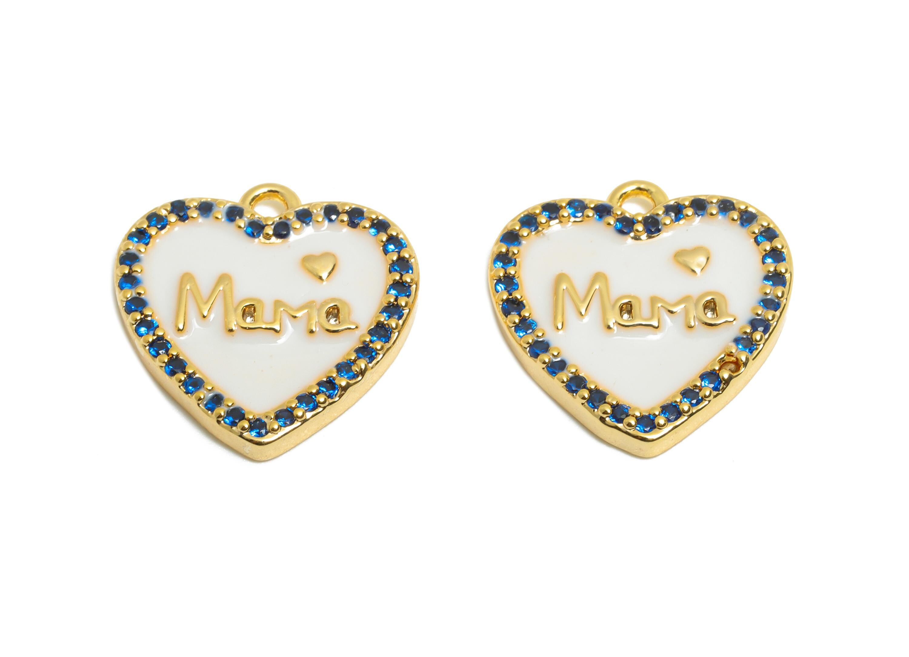 Brass Heart Charm Pendant - Dainty MaMa Enamel Pendant - Cubic Zircon Mother&#39;s Heart Jewelry - 18K Real Gold Plated - 18x13x2mm - RGP11029