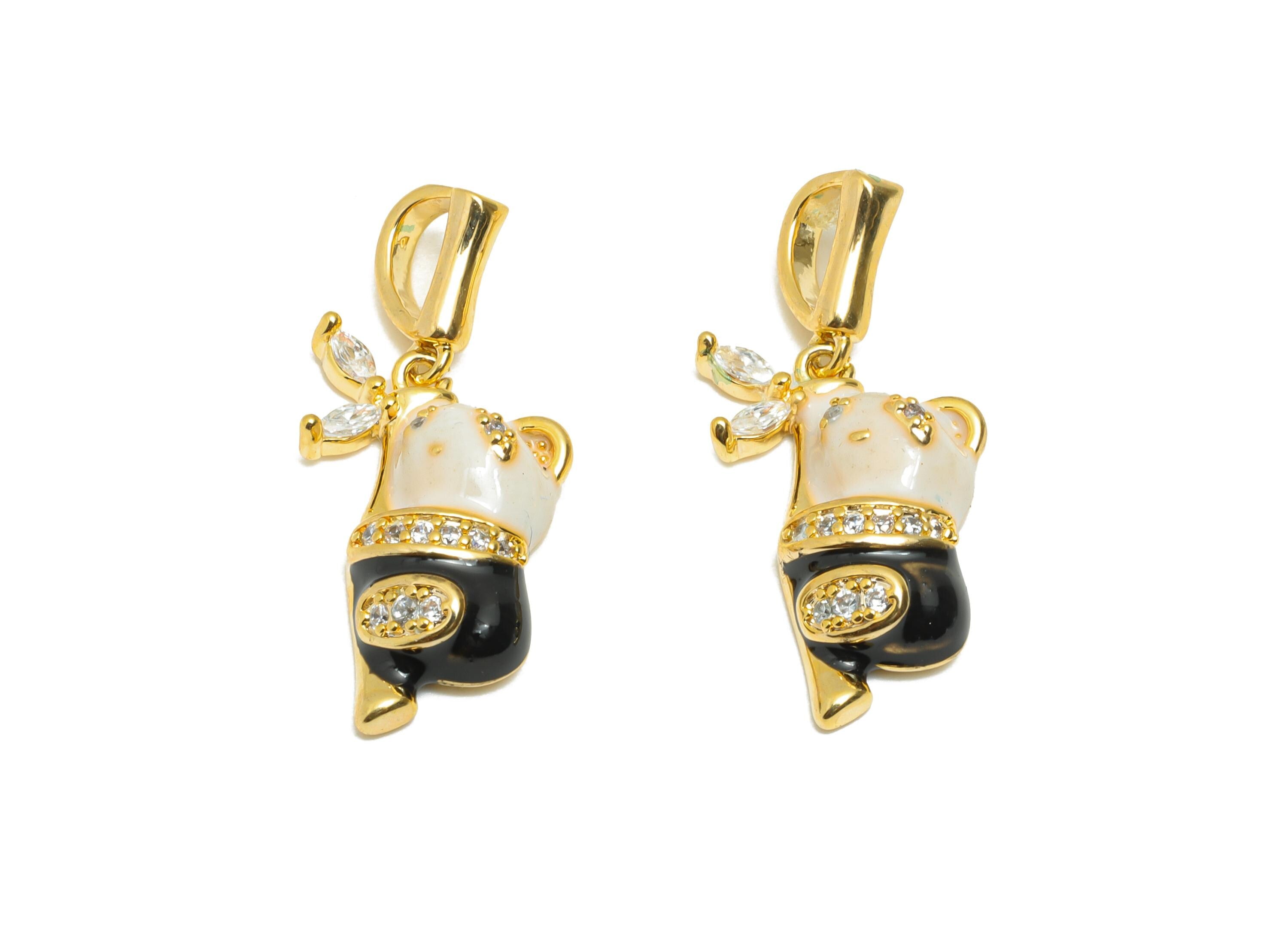 Brass Panda Charm Pendant - Dainty Cute Enamel Pendant - Cubic Zircon Bamboo Marquise Jewelry - 18K Real Gold Plated - 25x11x4mm -RGP11028