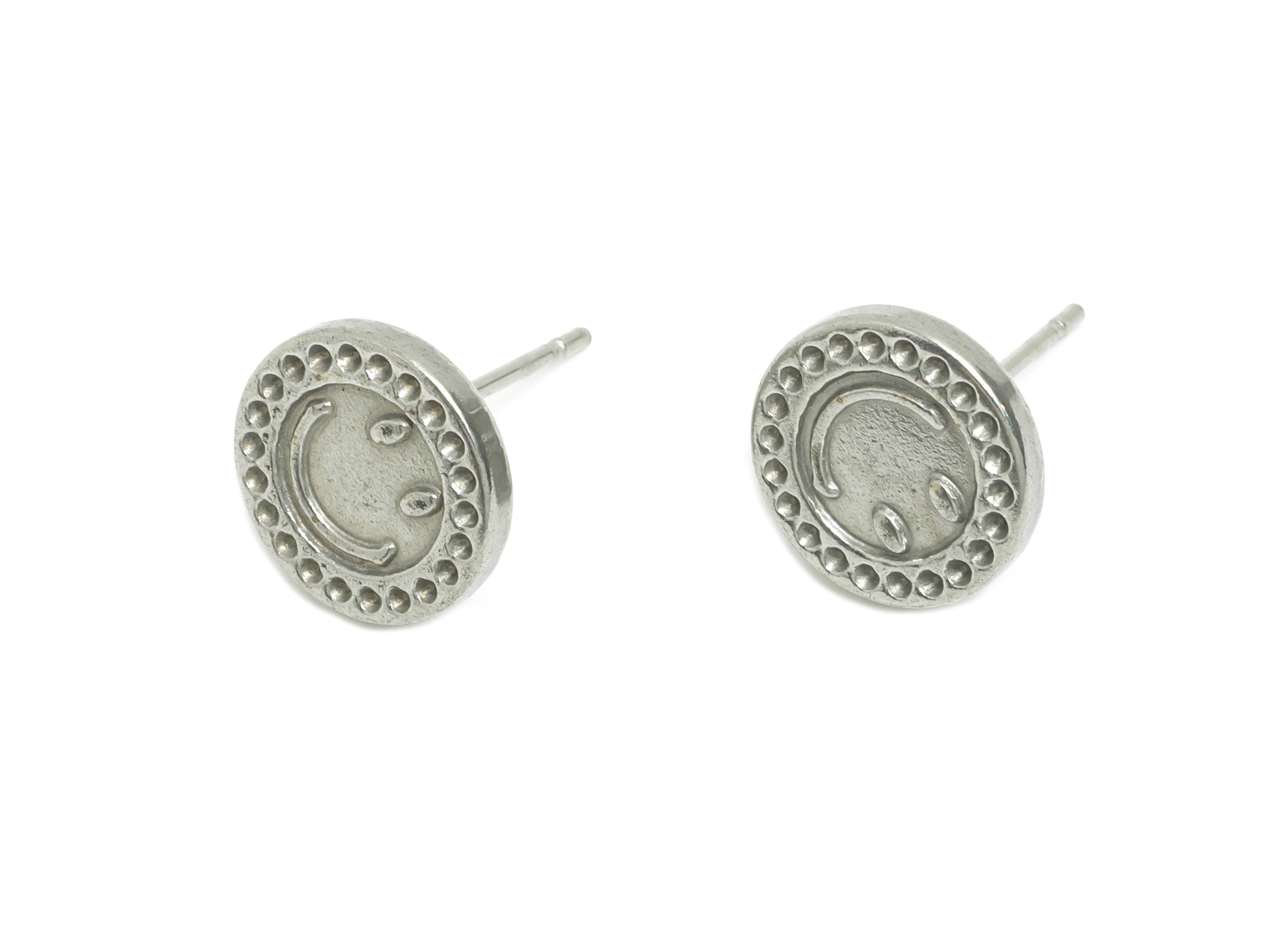 Steel Round Stud Earring - Steel Textured Happy Face Stud Earrings - Mini Steel Earring Post - Stainless Steel Post - 10x10x1.77mm - SS2716