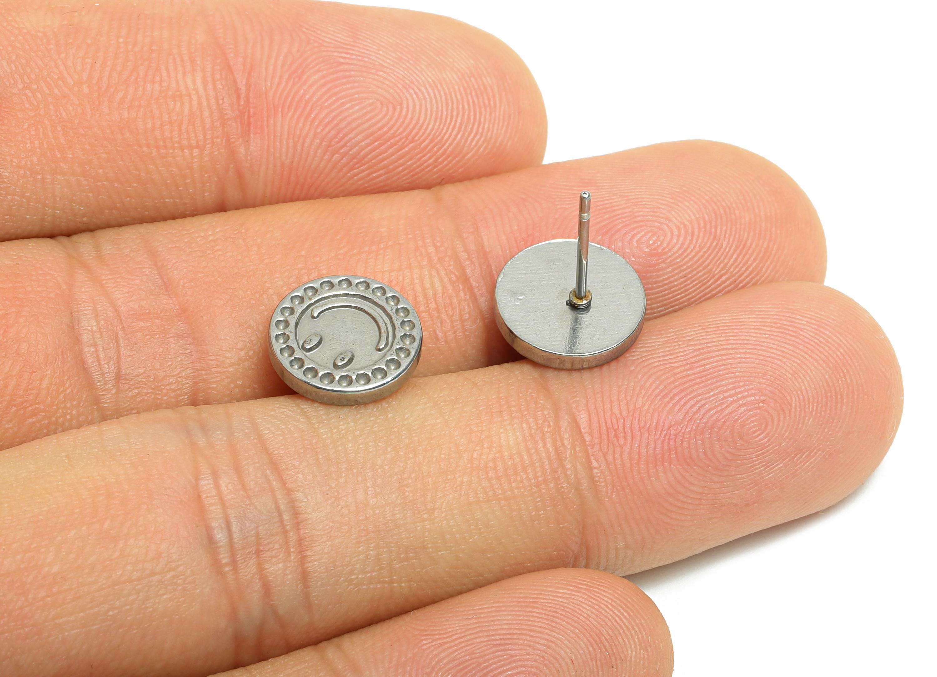 Steel Round Stud Earring - Steel Textured Happy Face Stud Earrings - Mini Steel Earring Post - Stainless Steel Post - 10x10x1.77mm - SS2716