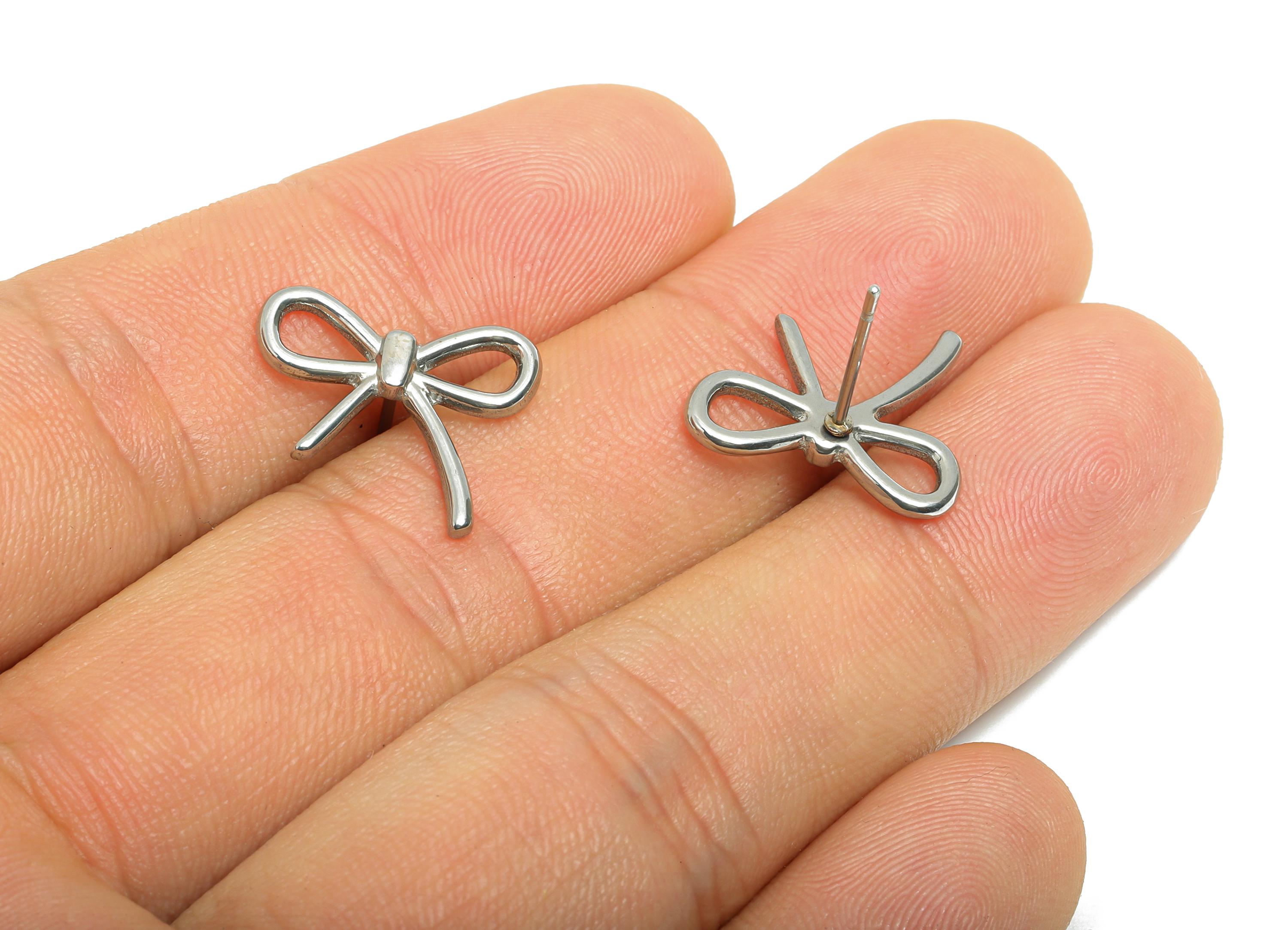 Steel Bow Wire Stud Earring - Steel Butterfly Bow Jewelry - Steel Modern Bow Earring Post - Stainless Steel Post - 14x17x1.63mm - SS2727 - DOMEDBAZAAR
