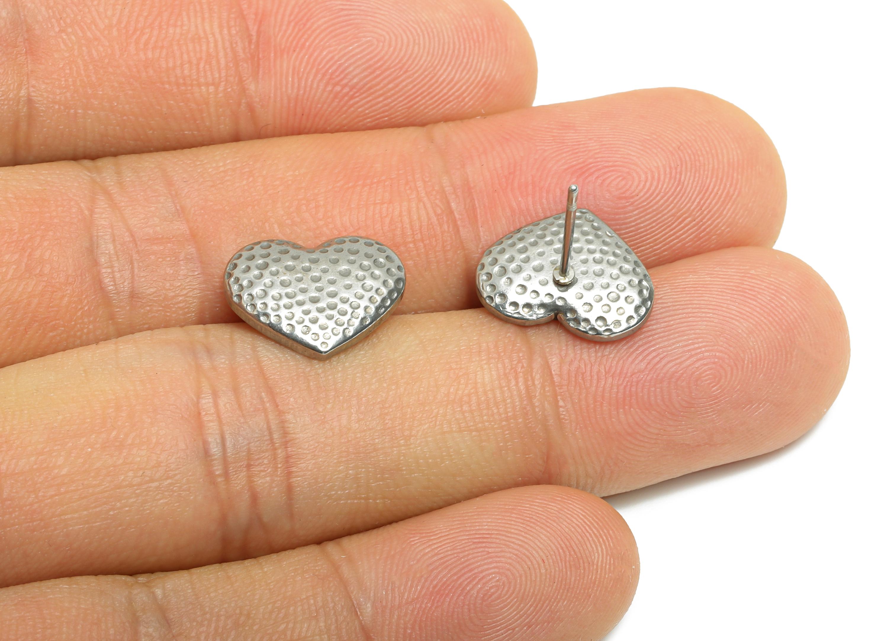 Steel Heart Stud Earring - Steel Romantic Stud Earring - Valentine Jewelry - Textured Heart Stud - Dotted Heart Jewelry - 11x14x1mm-SS2734 - DOMEDBAZAAR