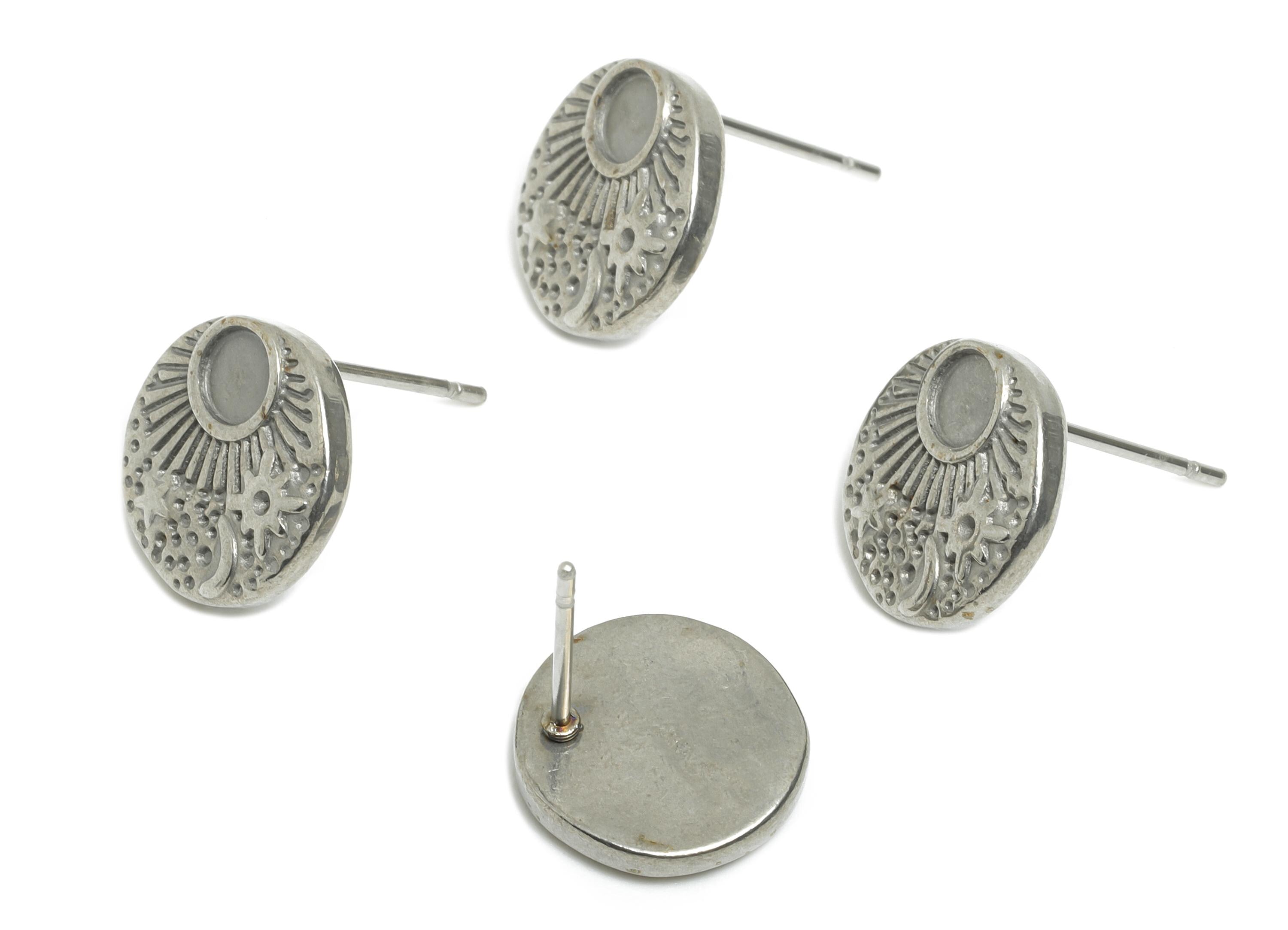 Steel Sun Stud Earring - Steel Crescent Earring Post For DIY Bead - Steel Celestial Stud Earring - Space Steel Post - 12x12x1mm - SS2730 - DOMEDBAZAAR