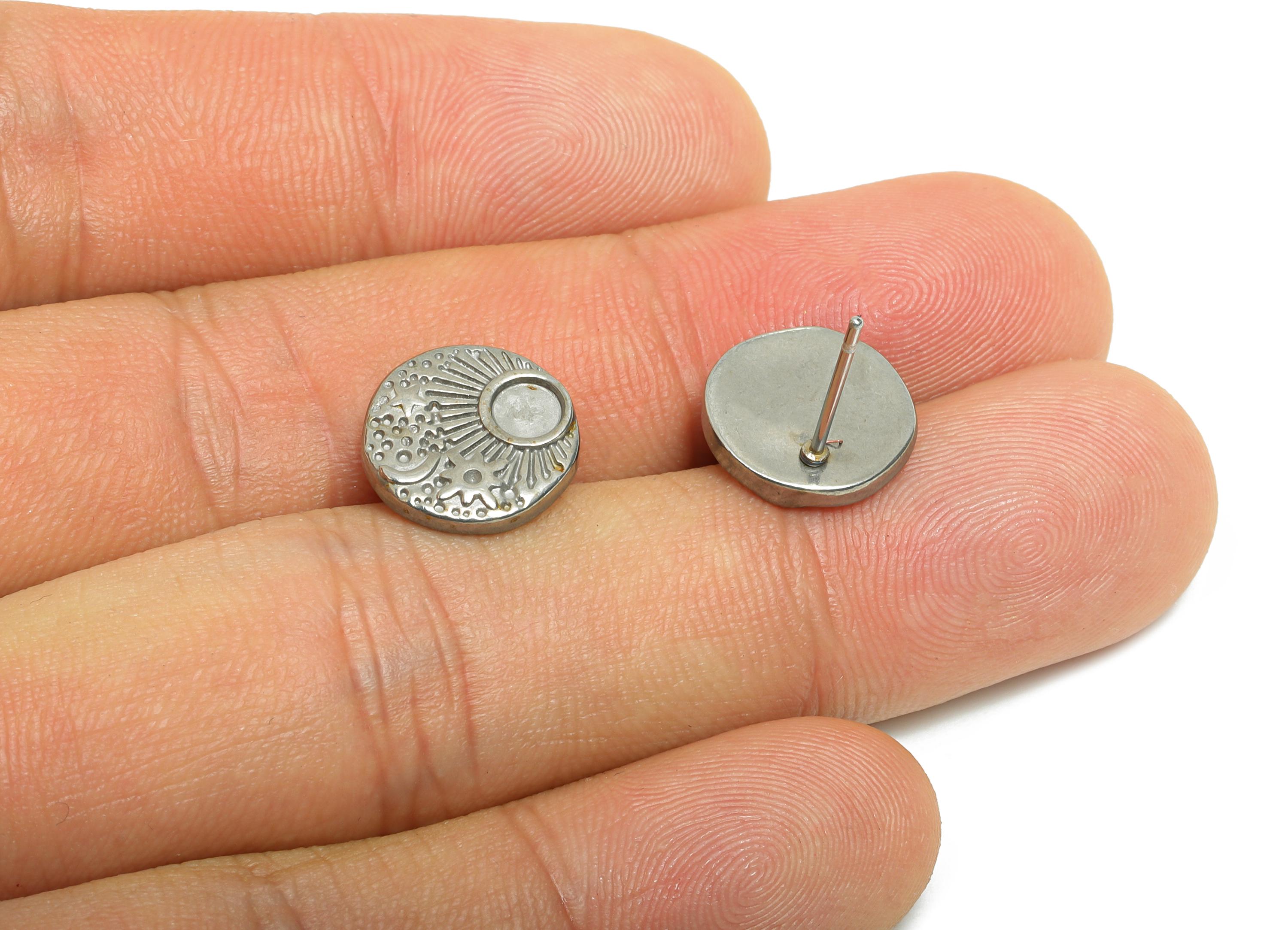 Steel Sun Stud Earring - Steel Crescent Earring Post For DIY Bead - Steel Celestial Stud Earring - Space Steel Post - 12x12x1mm - SS2730 - DOMEDBAZAAR