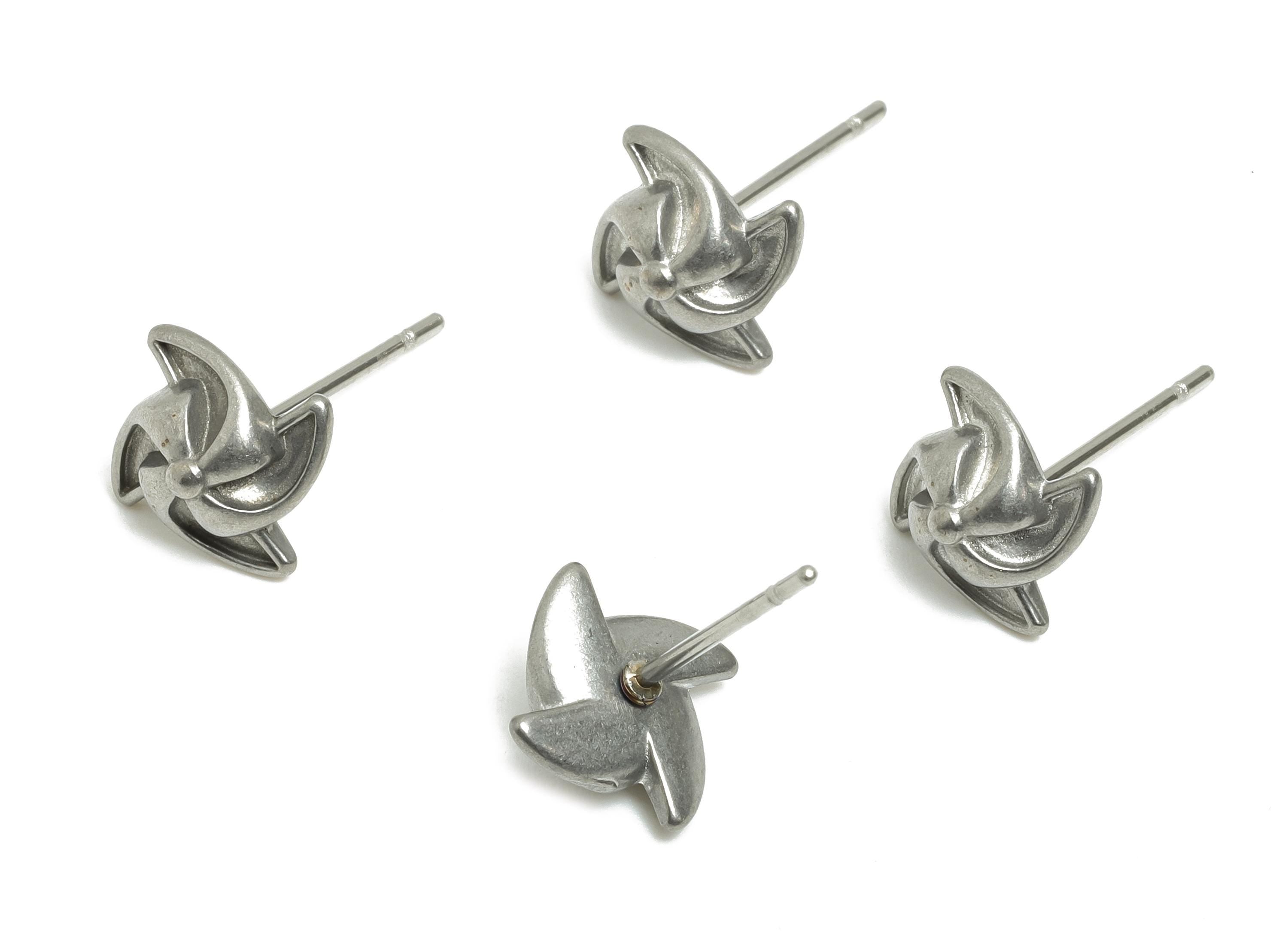 Steel Pinwheel Stud Earring - Steel Windmill Earring Stud - Geometric Whimsical Stud Earring - Stainless Steel Post - 10x9x3.44mm - SS2720