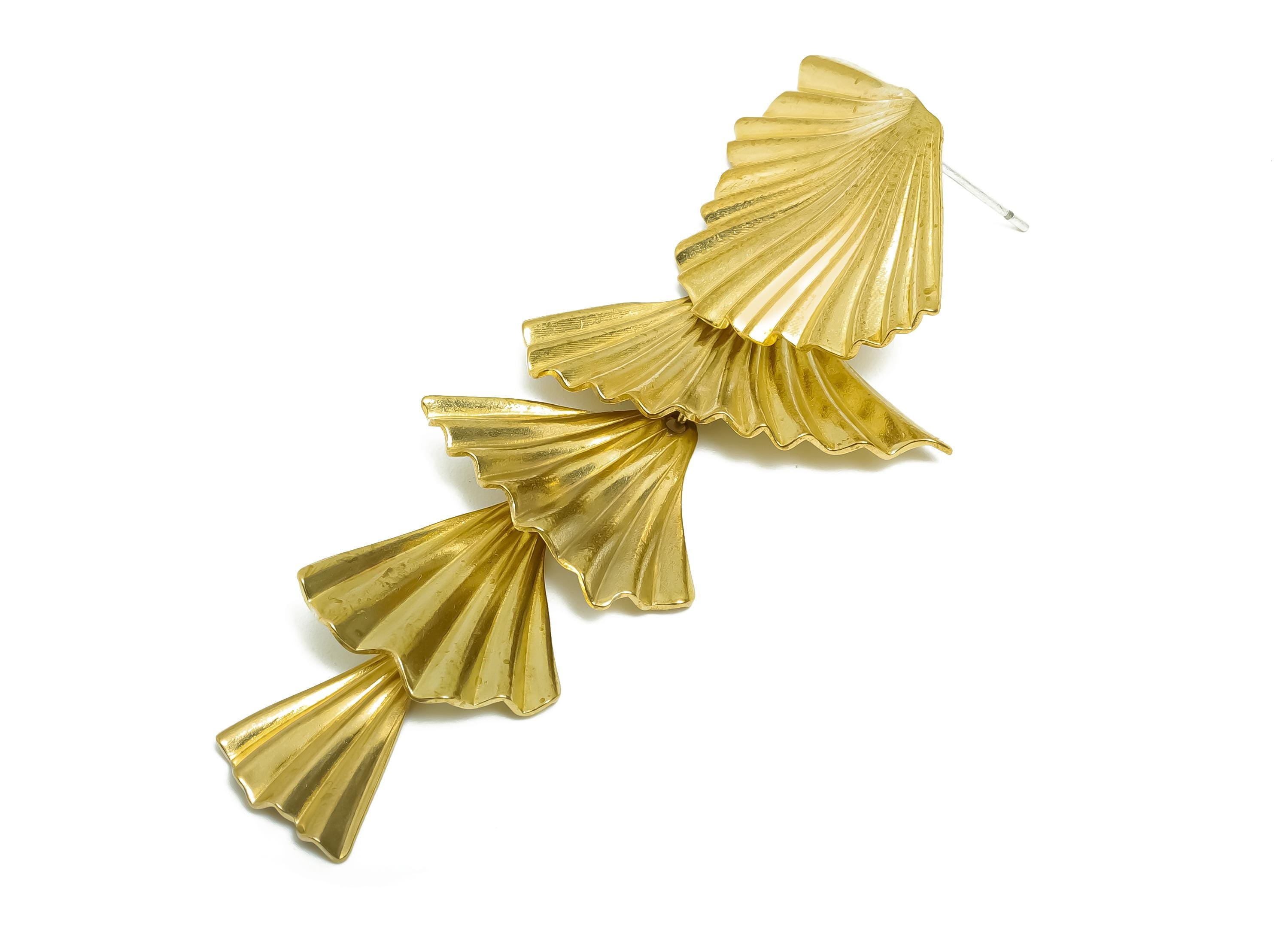 Brass Fan Earring Post - Layered Fan Drop Earring Stud - Sculptural Cascade Earring - Elegant Fan Earrings for Women - 67x30x1mm - PP11237 - DOMEDBAZAAR