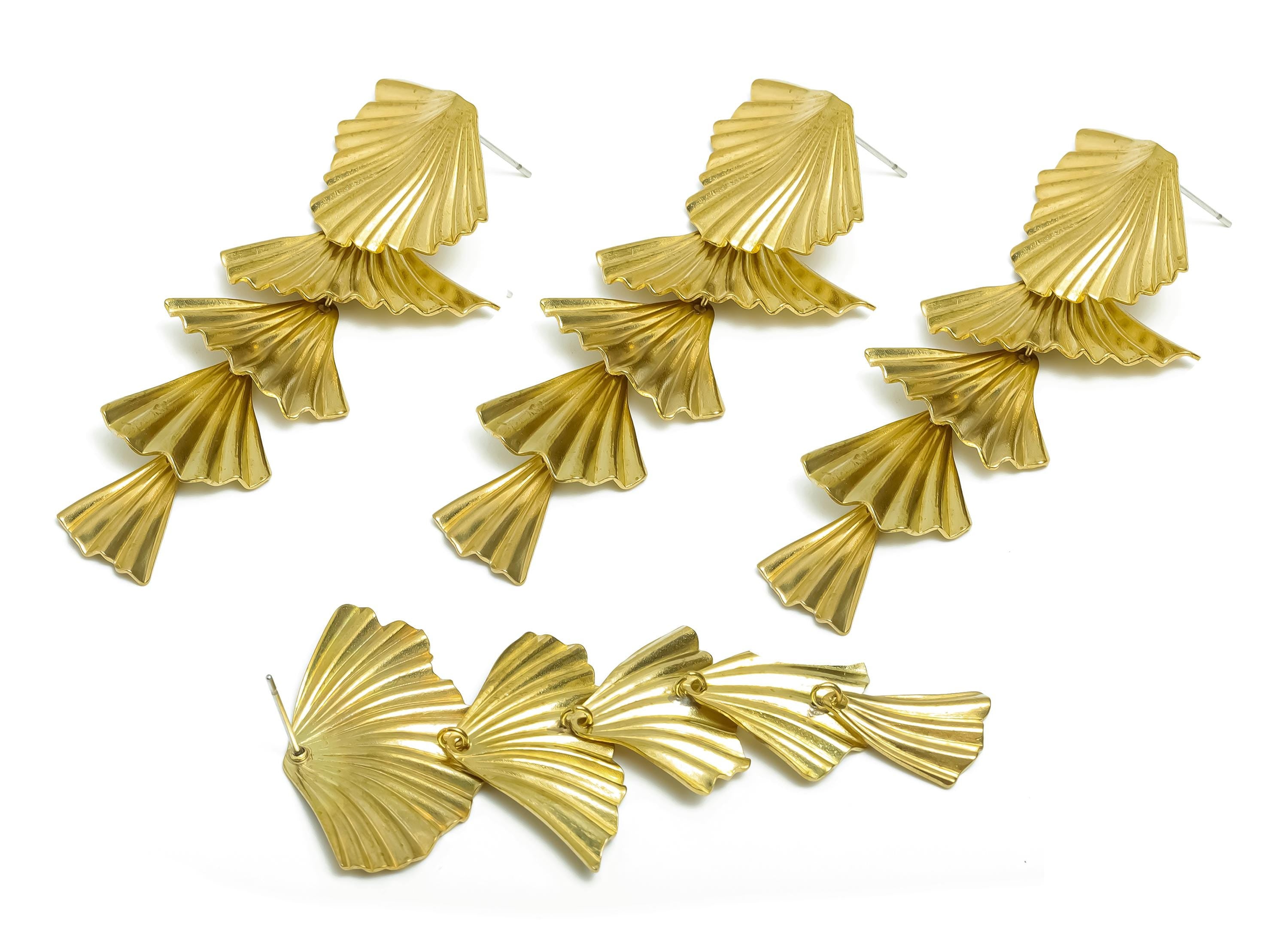 Brass Fan Earring Post - Layered Fan Drop Earring Stud - Sculptural Cascade Earring - Elegant Fan Earrings for Women - 67x30x1mm - PP11237 - DOMEDBAZAAR