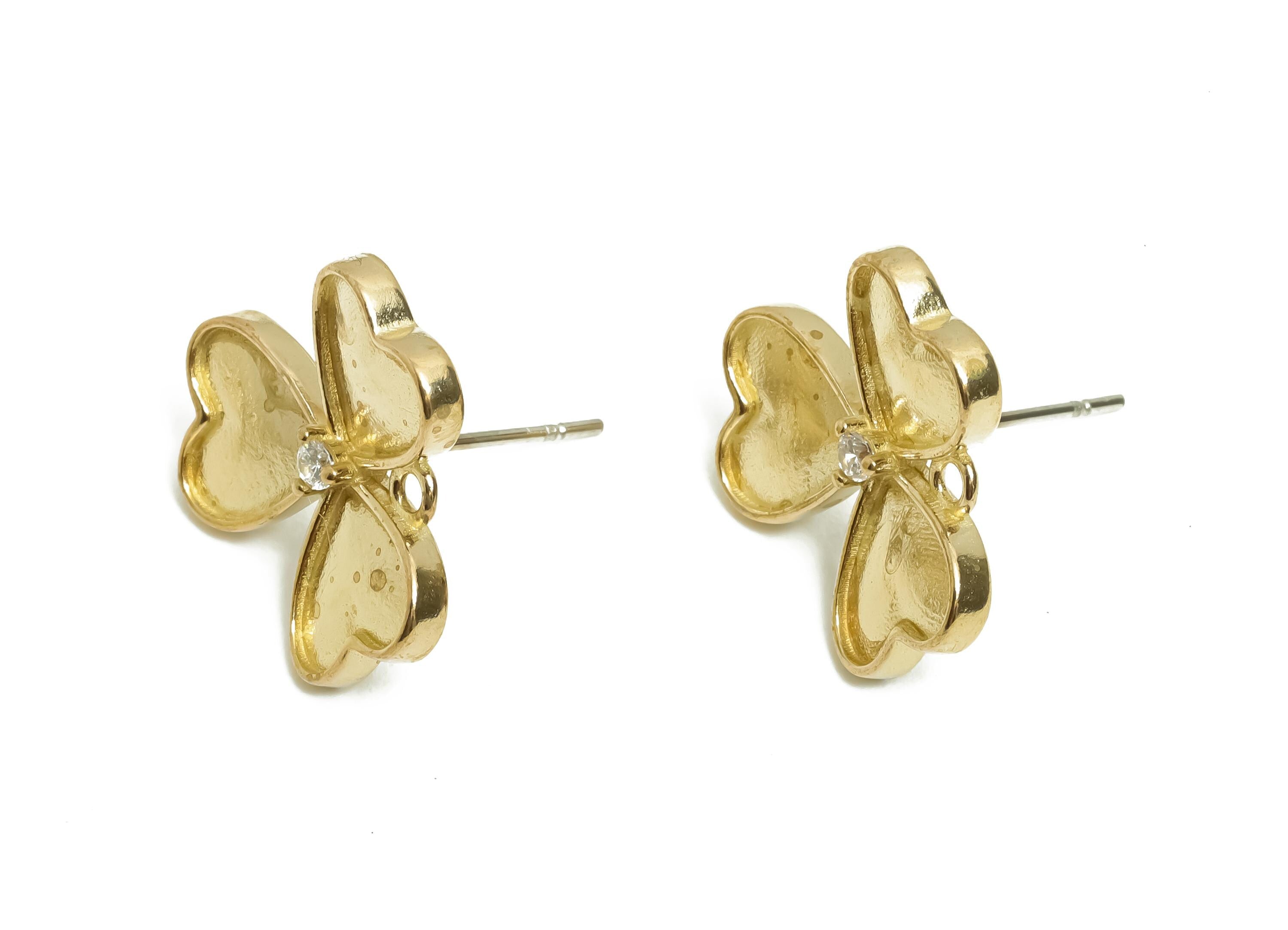 Raw Brass Heart Clover Earring Stud - Mini Clover Heart Earring Post With Loop - Cubic Zircon Heart Earring For DIY - 16x16x1.9mm - PP11227 - DOMEDBAZAAR