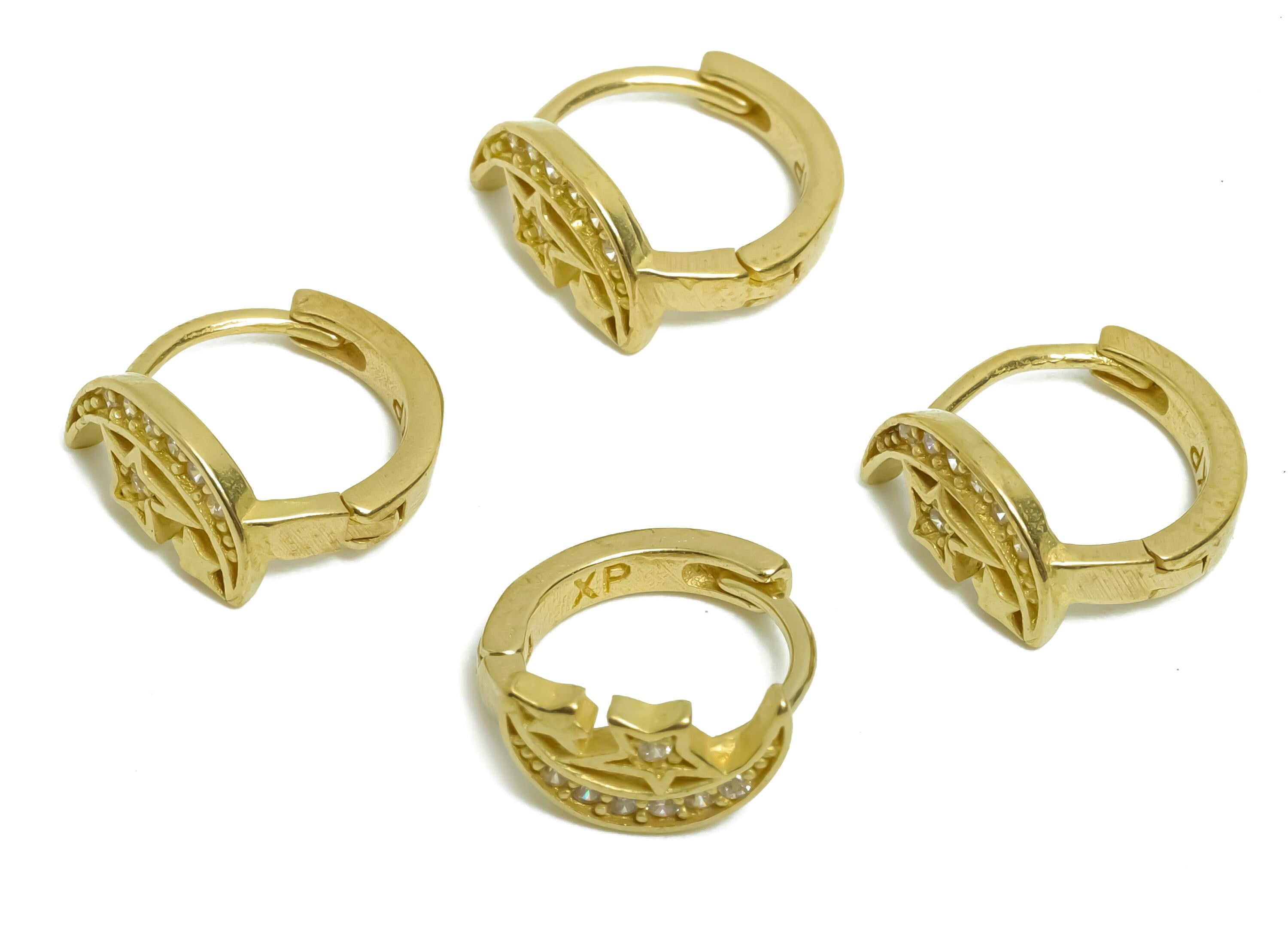 Brass CZ Huggie Hoop Earring - Raw Brass Celestial Moon Star Earring - Zircon Huggie Hoop Clasp - Jewelry Finding - 10.37x10x5mm - PP11351 - DOMEDBAZAAR